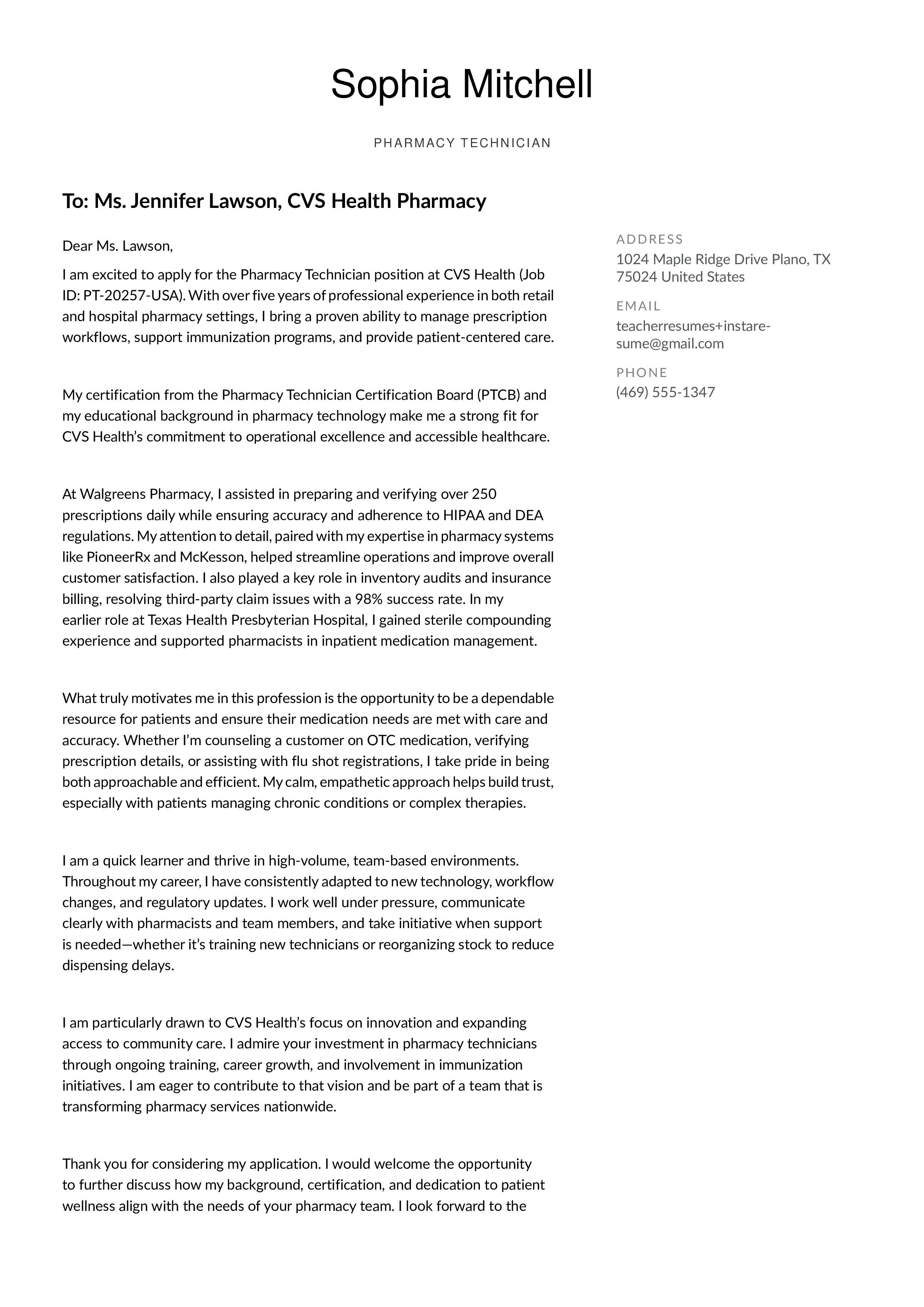 Pharmacy technician cover letter
