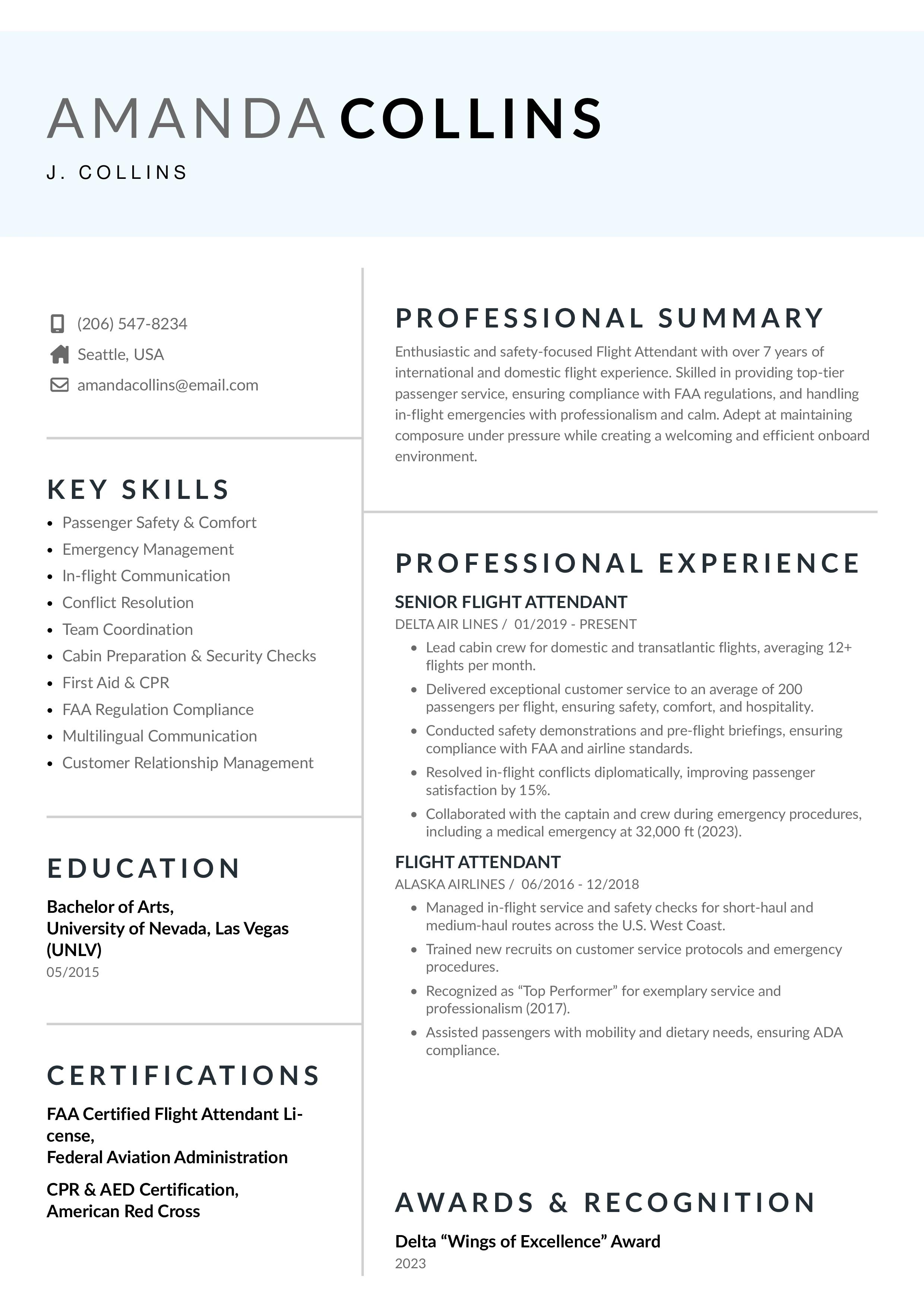 Experienced Flight Attendant Resume Example