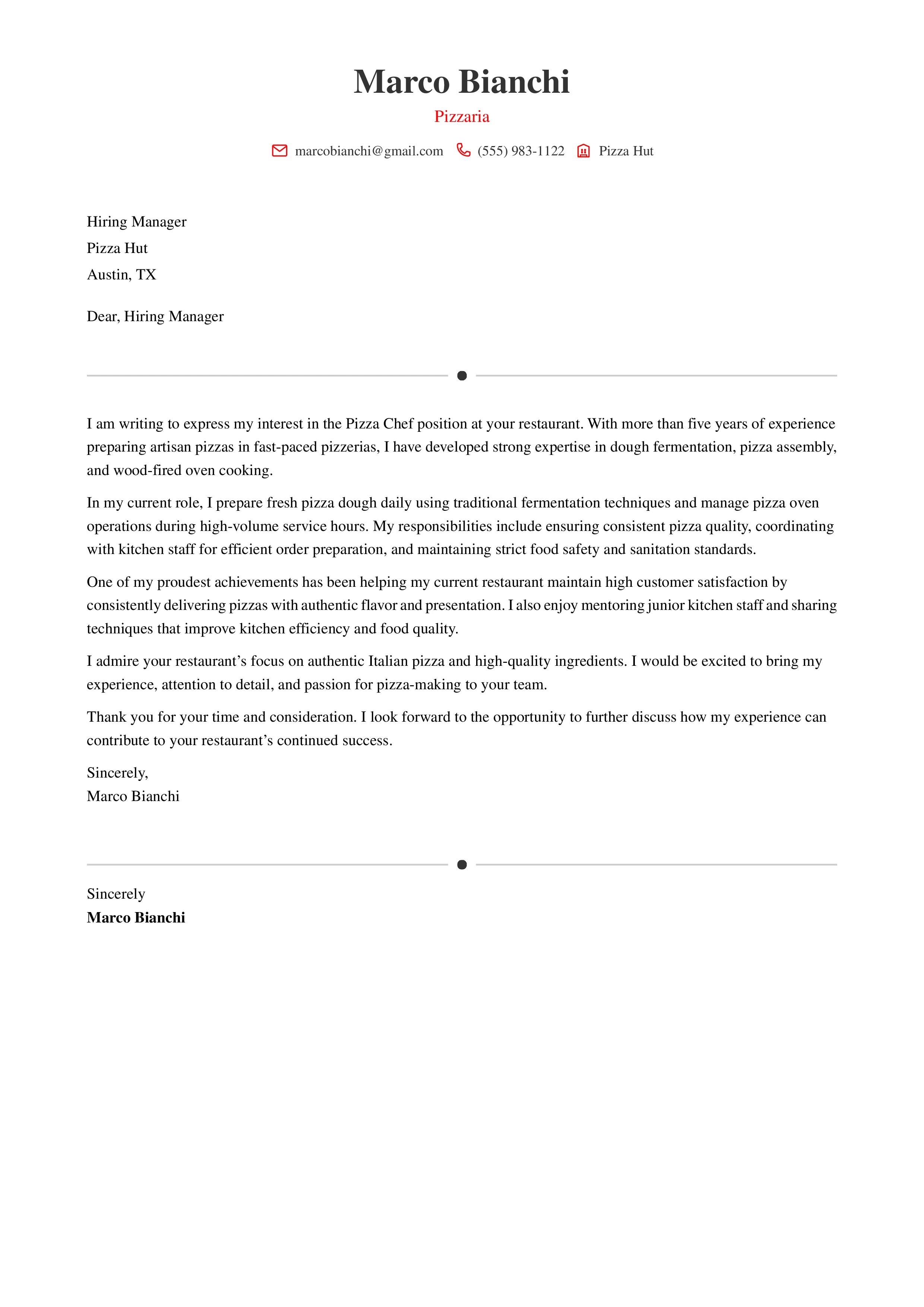 Experienced Pizzaiolo Cover Letter