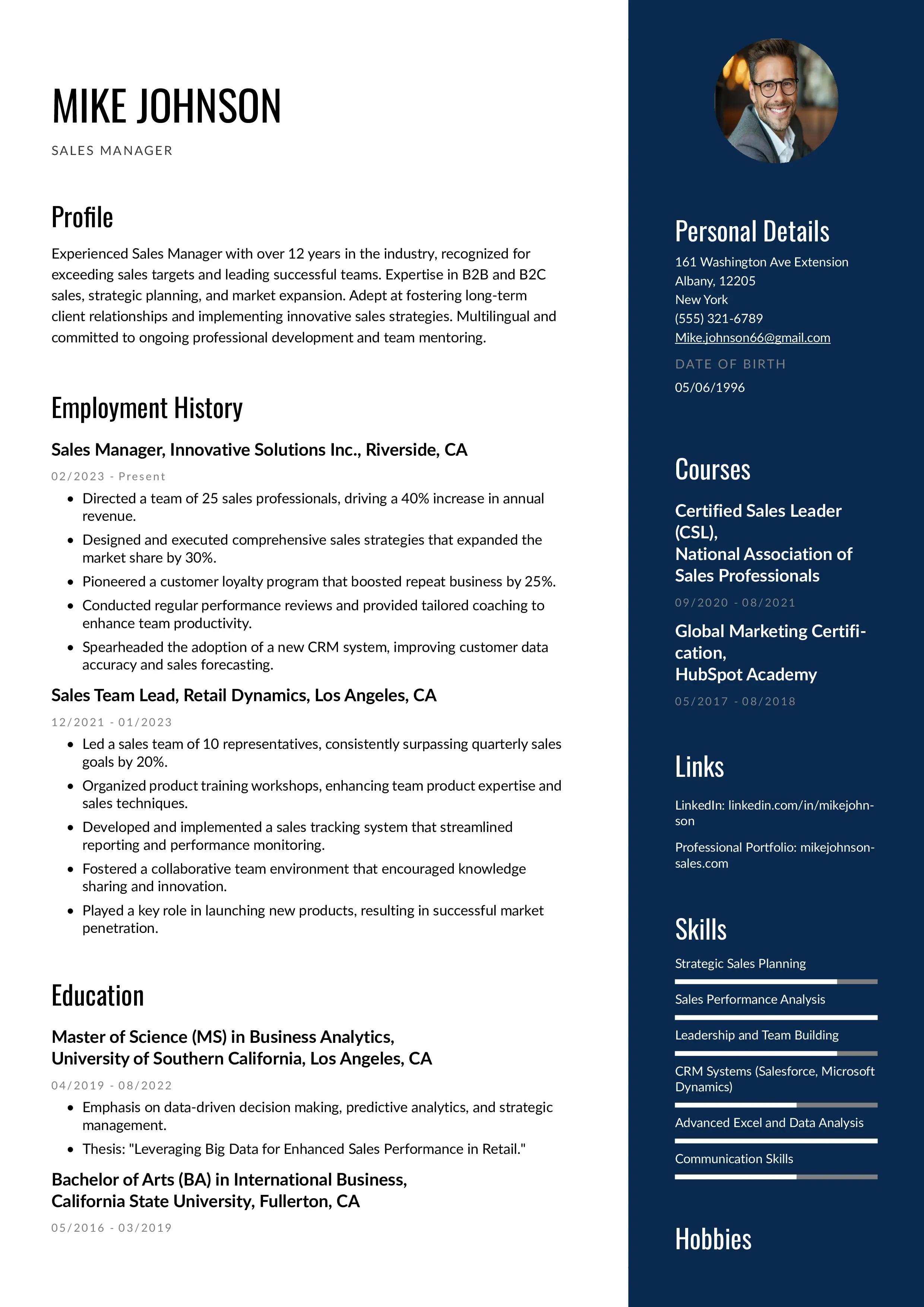Sales manager resume example from instaresume.io