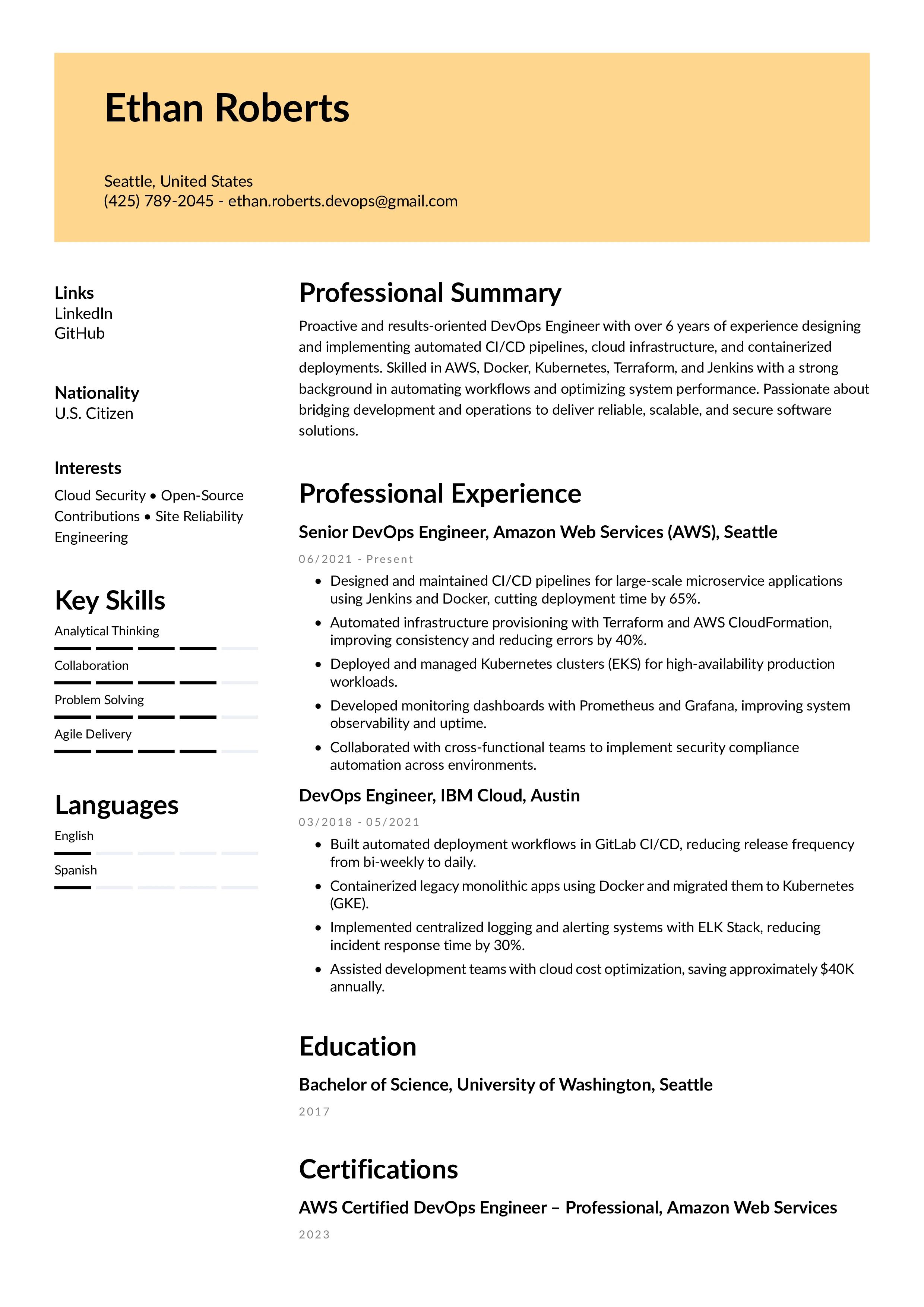 DevOps Engineer Resume Example