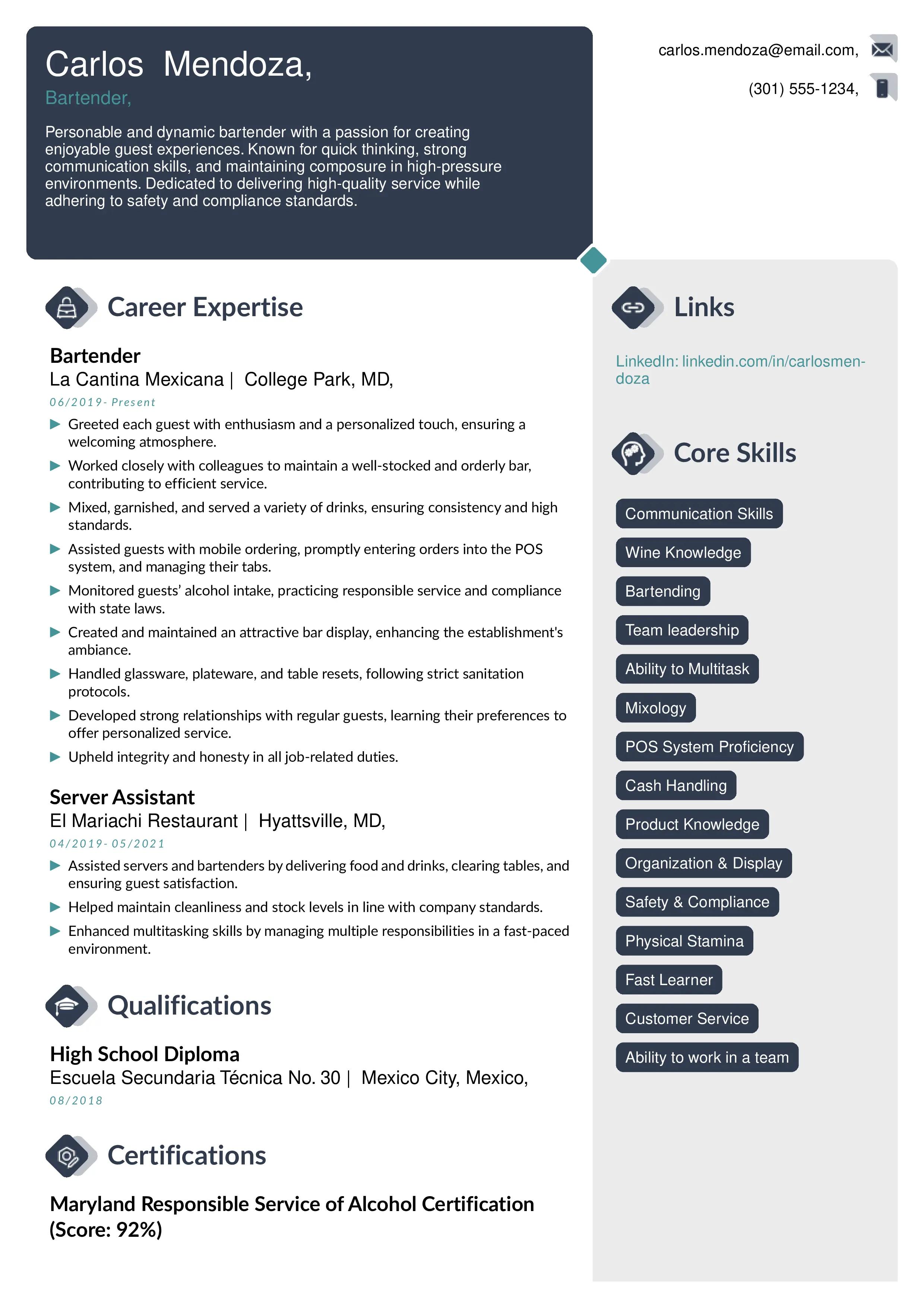 Bartender resume example made from instaresume resume builder