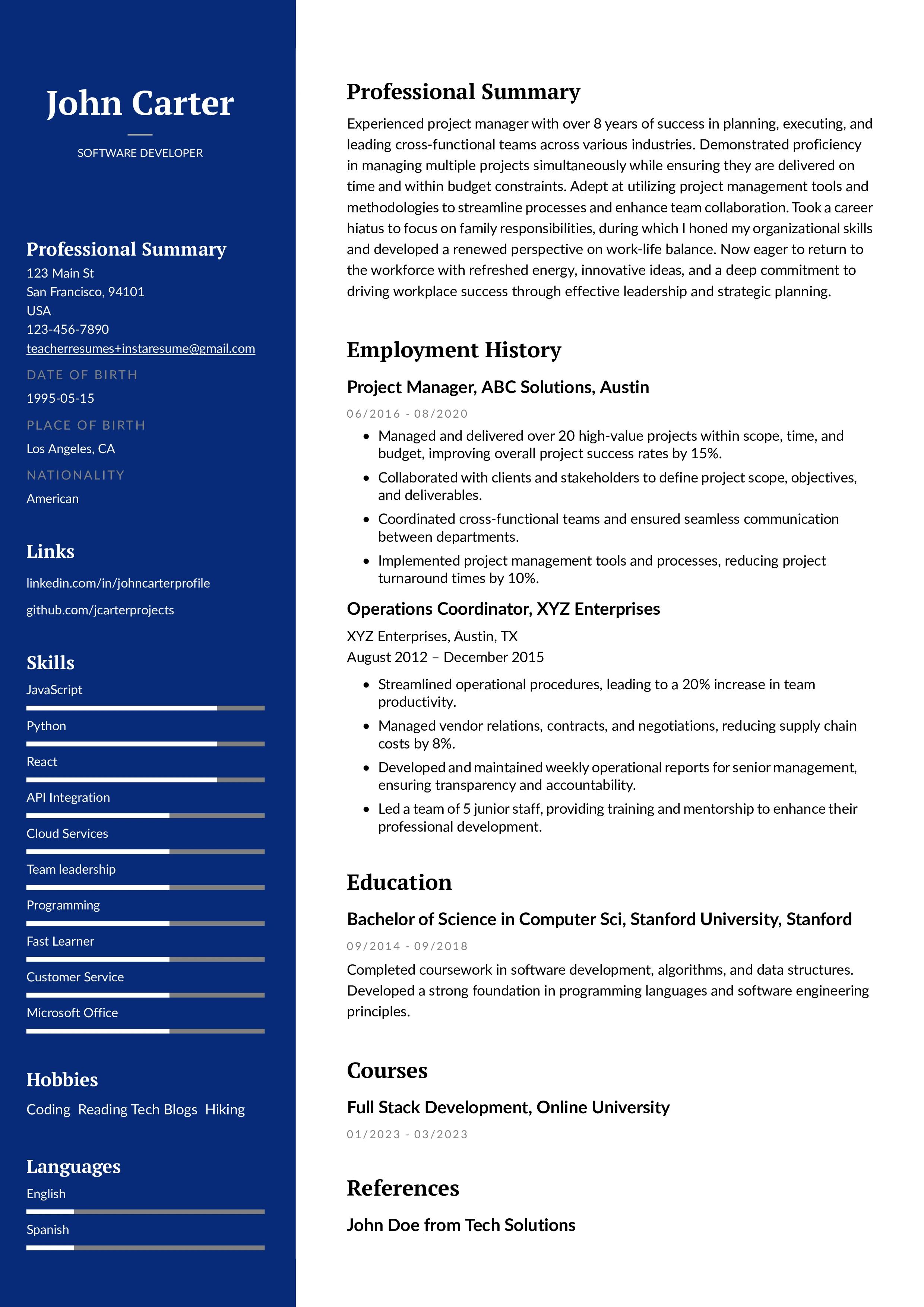 Return to work resume outline
