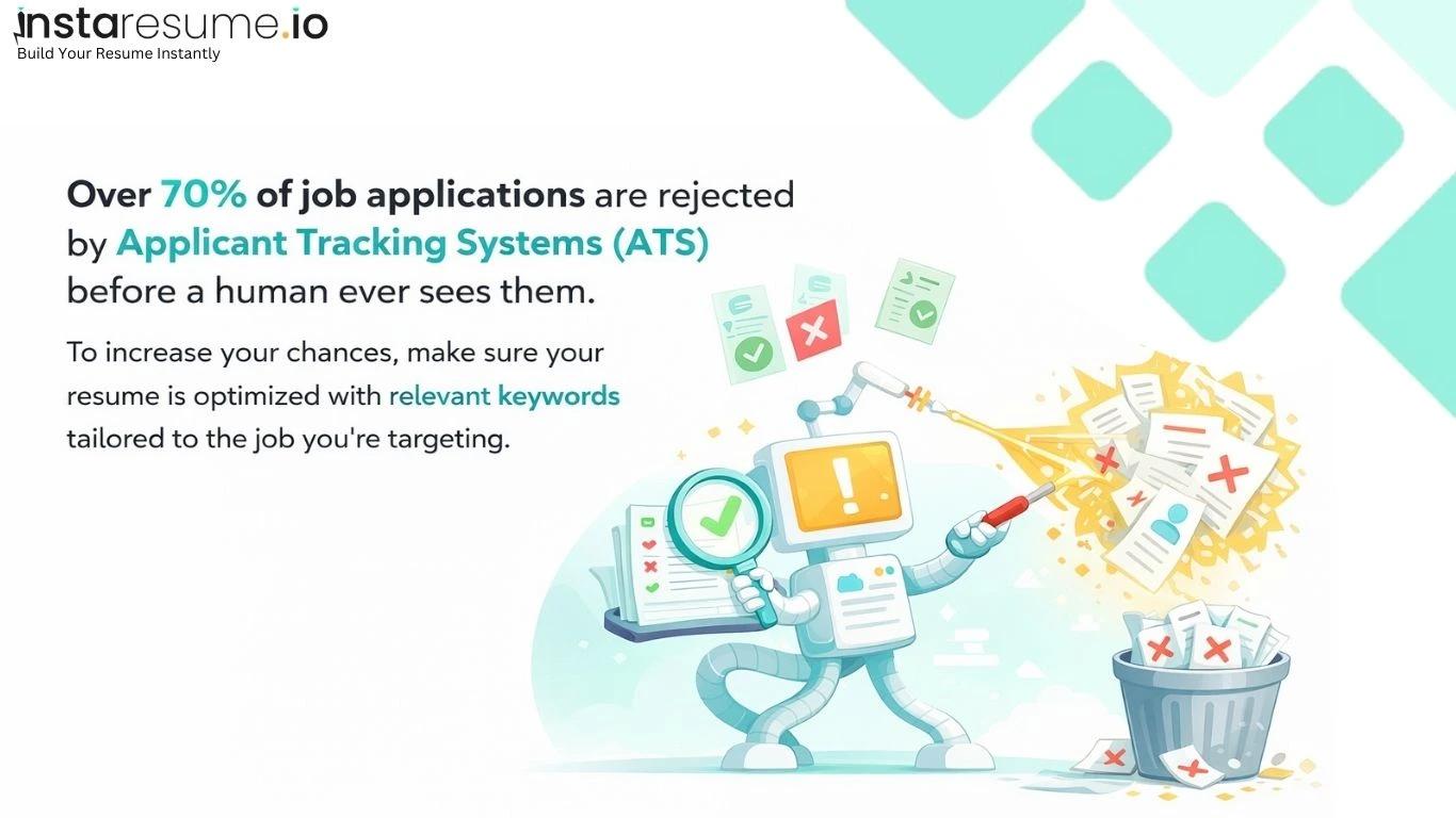 Illustration showing that over 70% of job applications are rejected by Applicant Tracking Systems (ATS), with a robot scanning resumes and highlighting relevant keywords for ATS resume optimization.