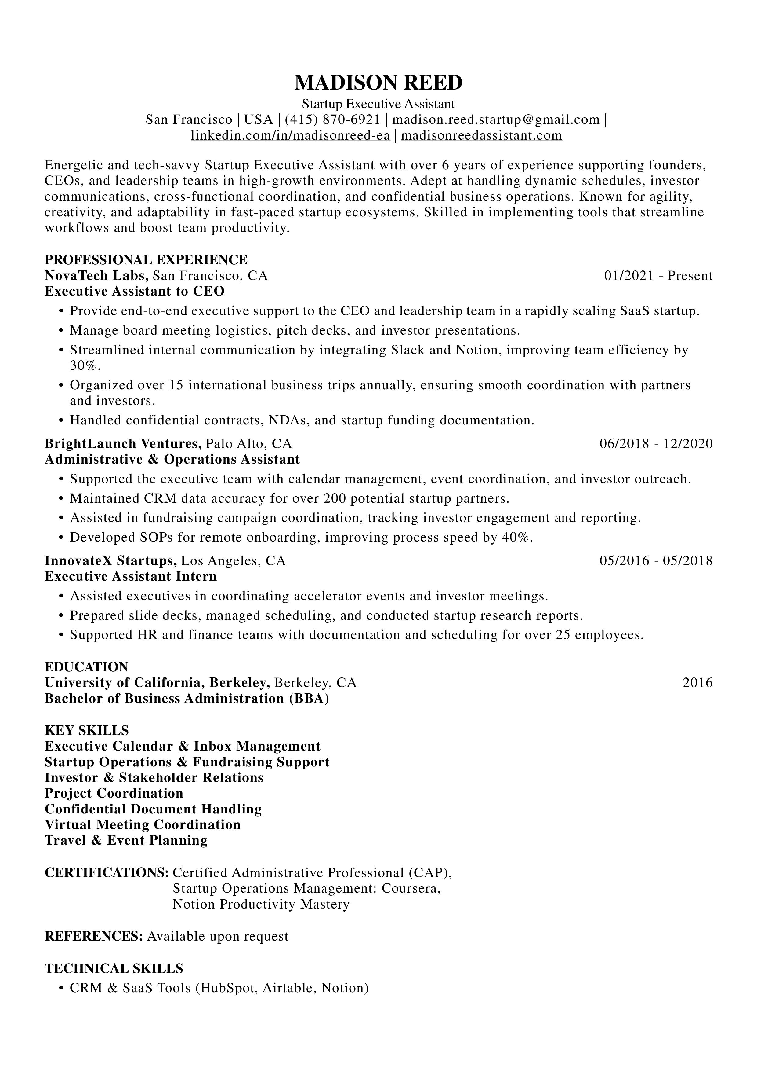 Startup Executive Assistant Resume
