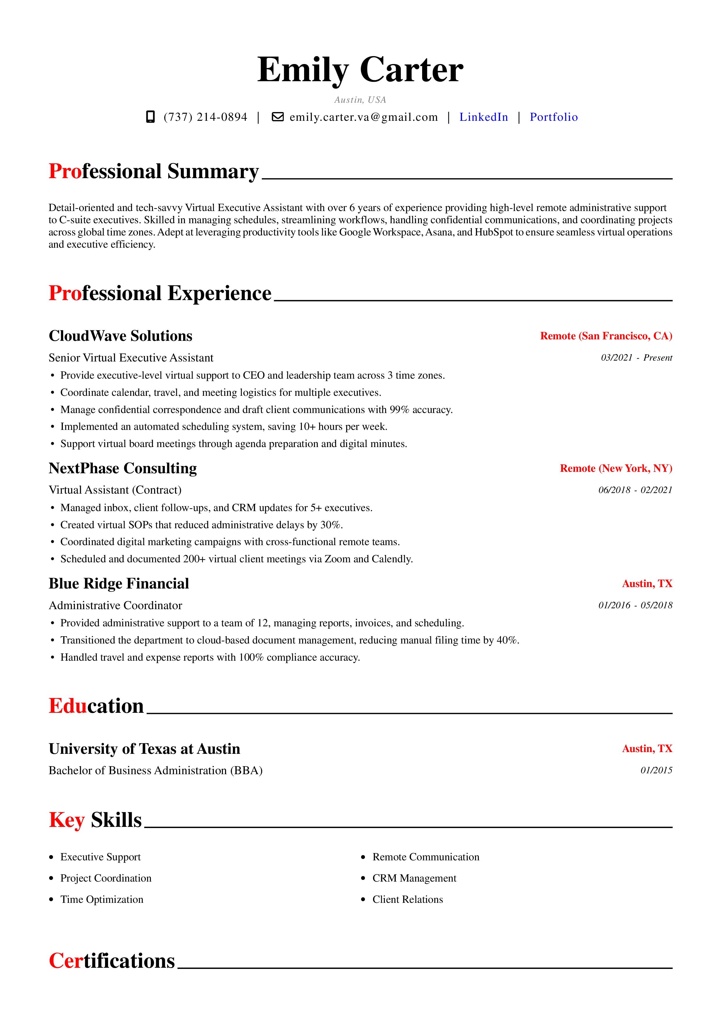 Virtual Executive Assistant Resume