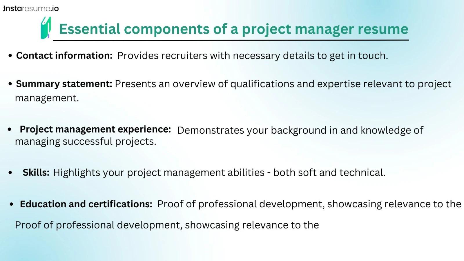 Essential components of a project manager resume