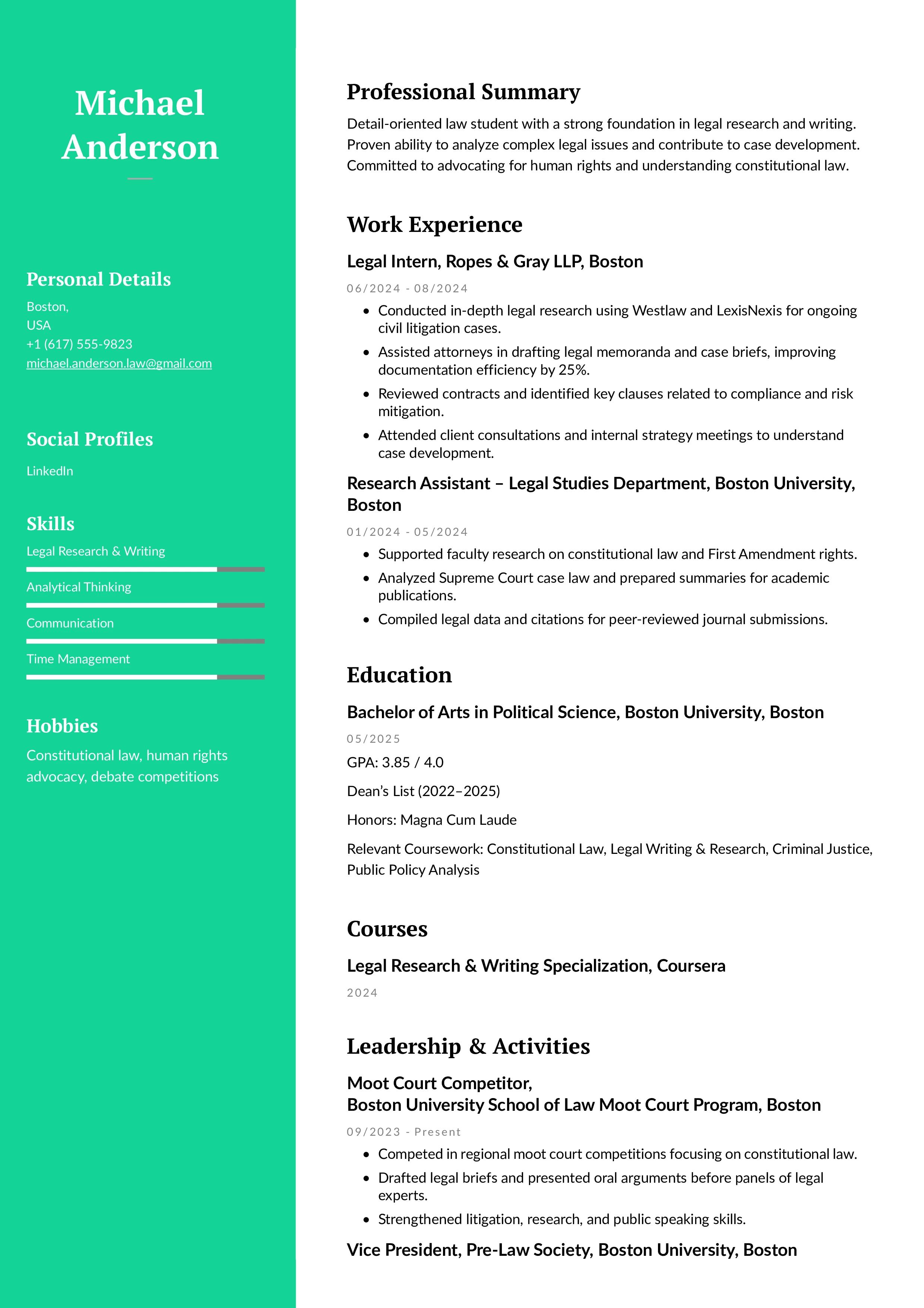 Harvard Format Resume Example for Law School Applicants