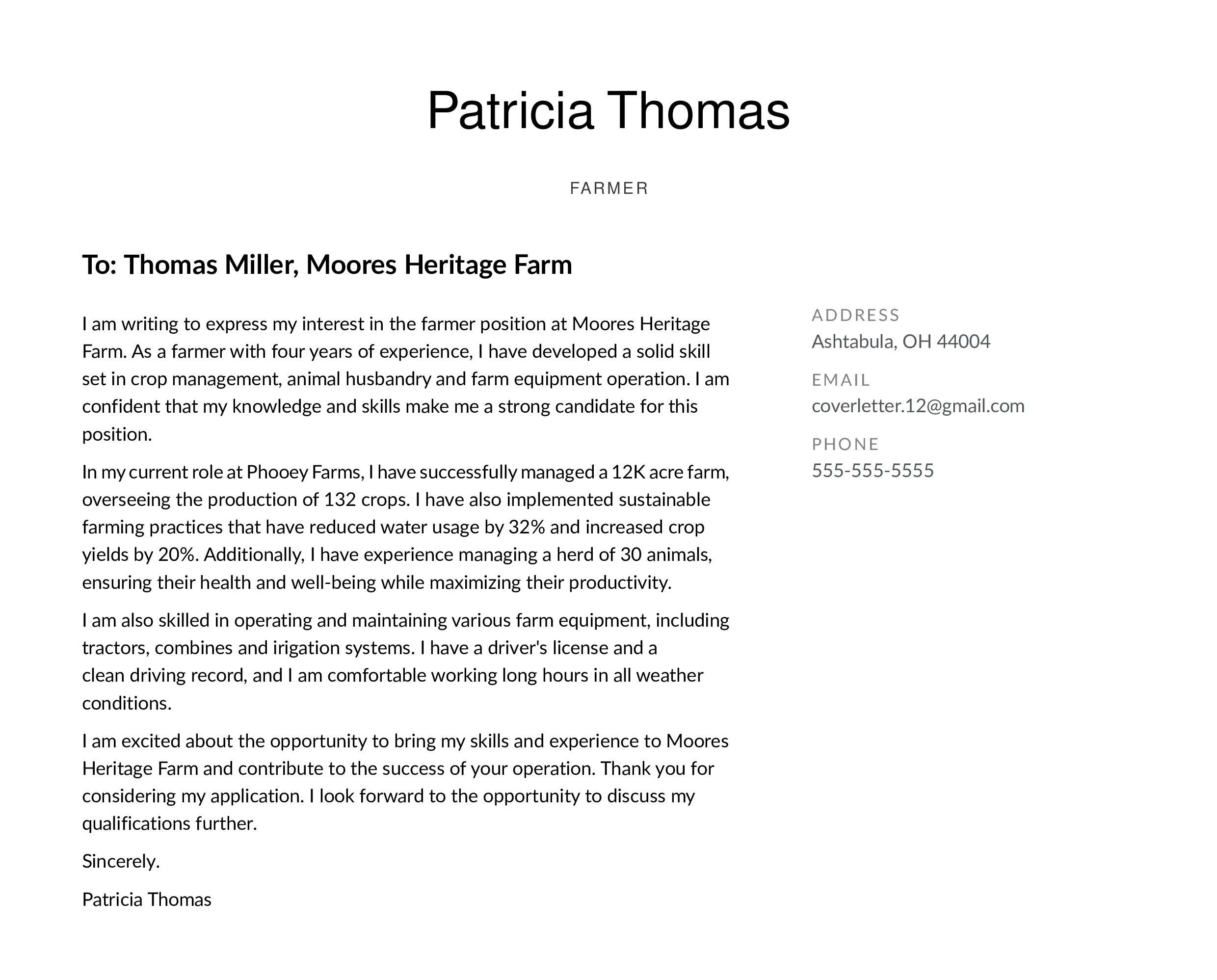 Example for Beginner level cover letter made from Instaresume.io 