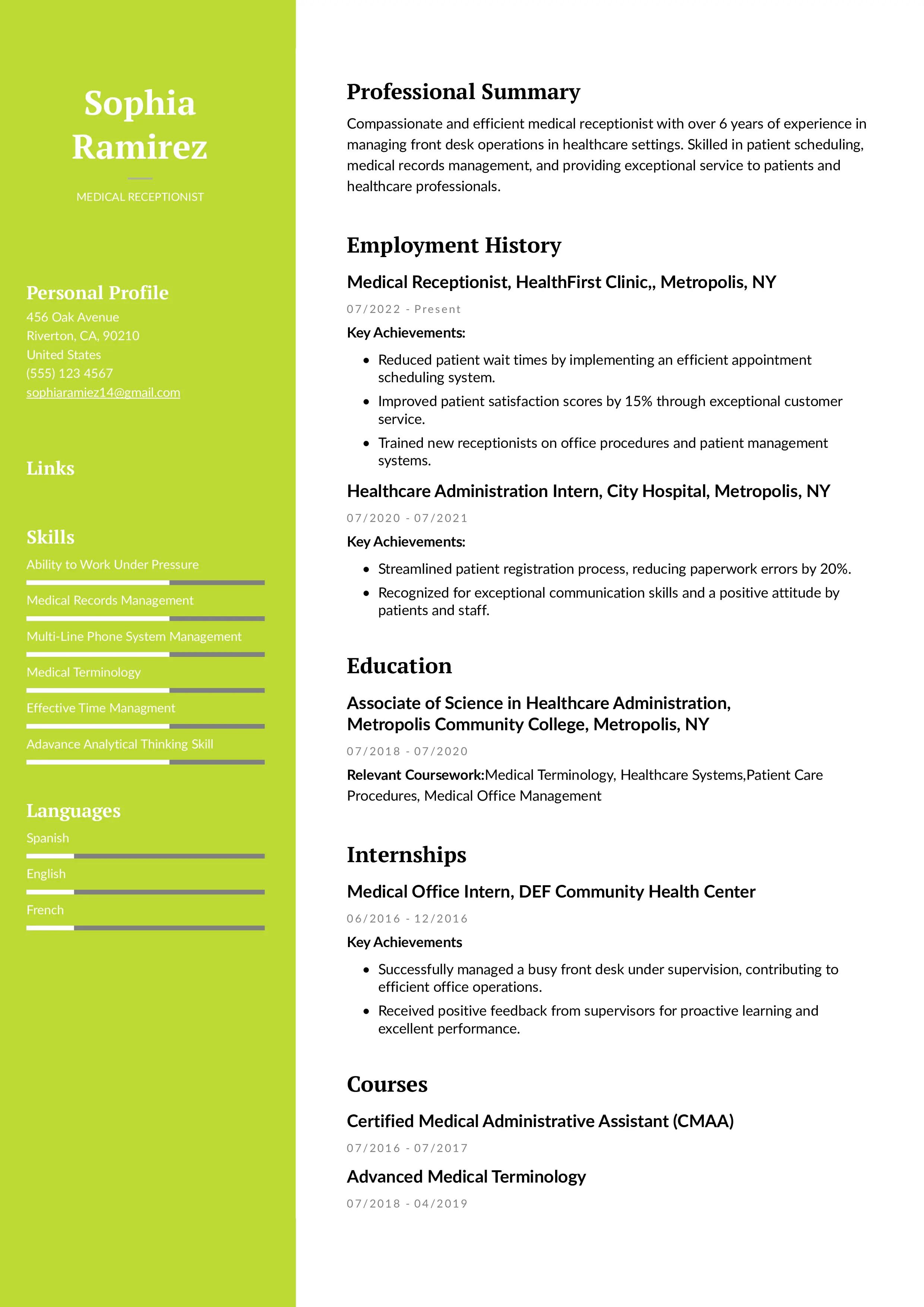 Medical receptionist resume made from instaresume.io