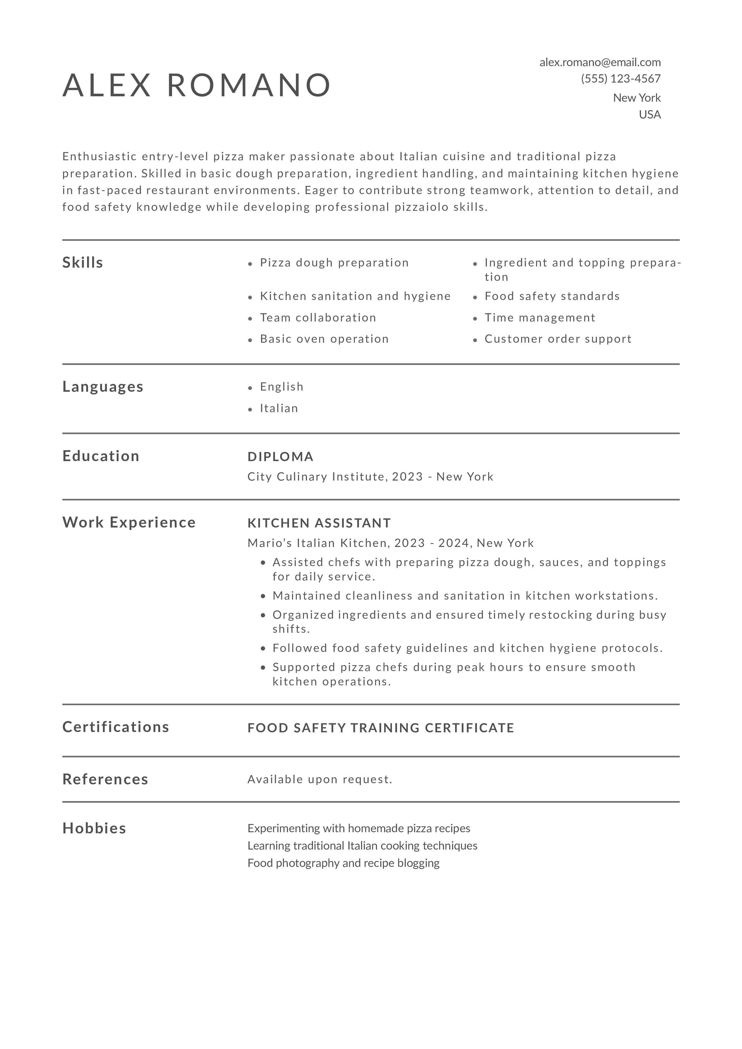 Entry-Level Pizza Maker Resume
