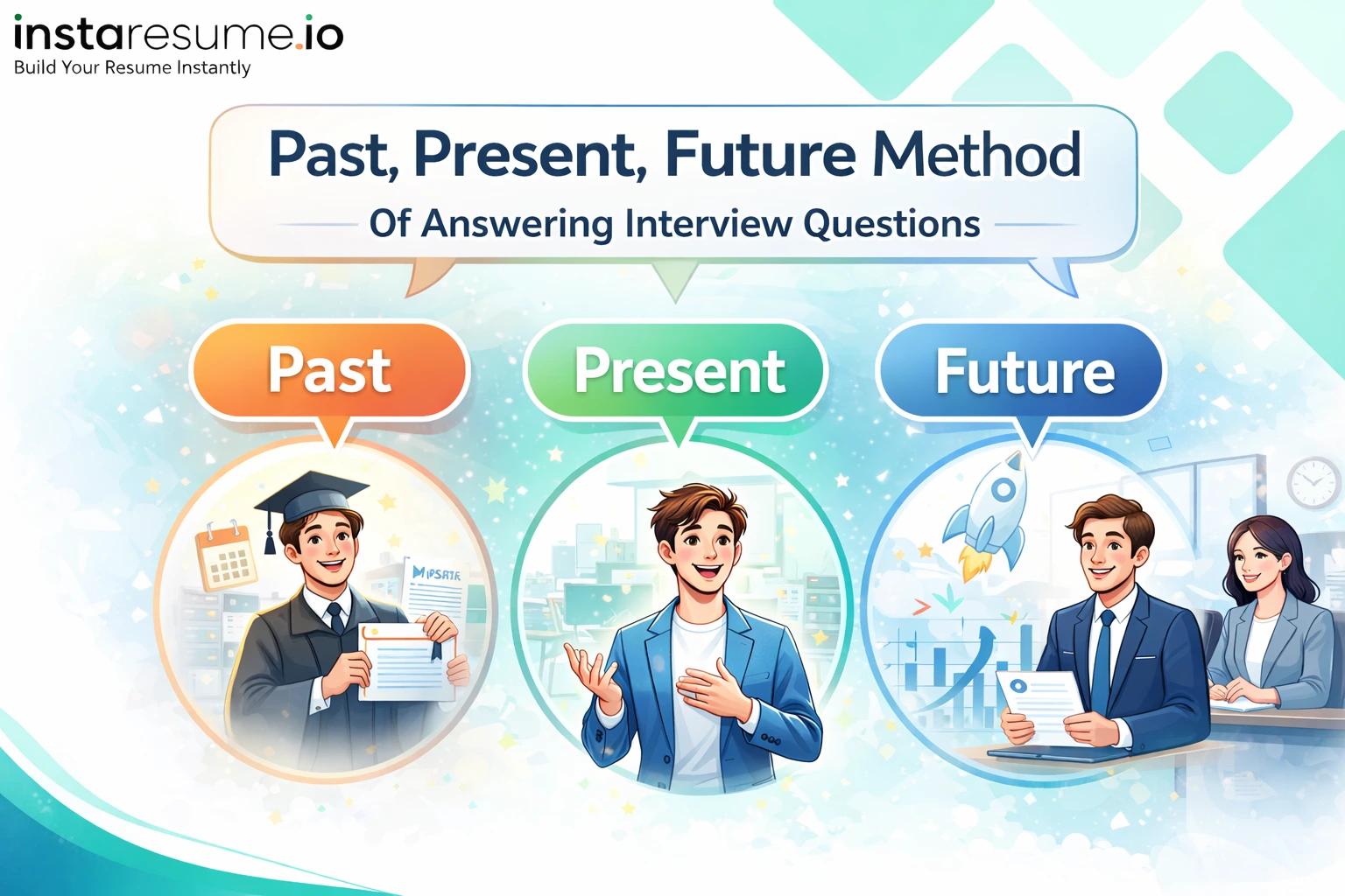 Illustration explaining the Past, Present, Future method for answering interview questions, featuring three sections labeled Past (graduate holding certificate), Present (candidate speaking confidently), and Future (job interview with hiring managers), branded with Instaresume.io.