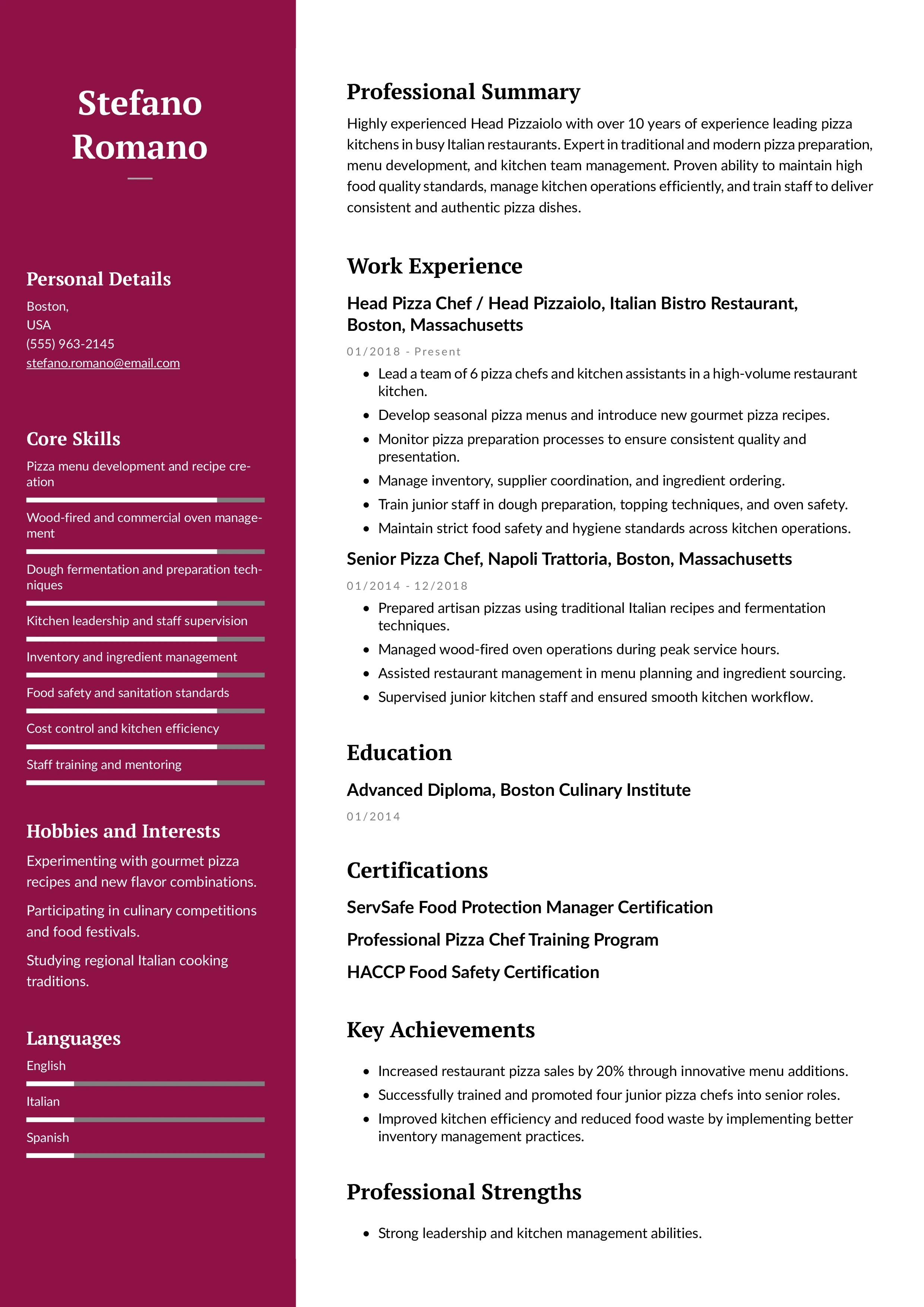 Head Pizzaiolo / Pizza Chef Resume