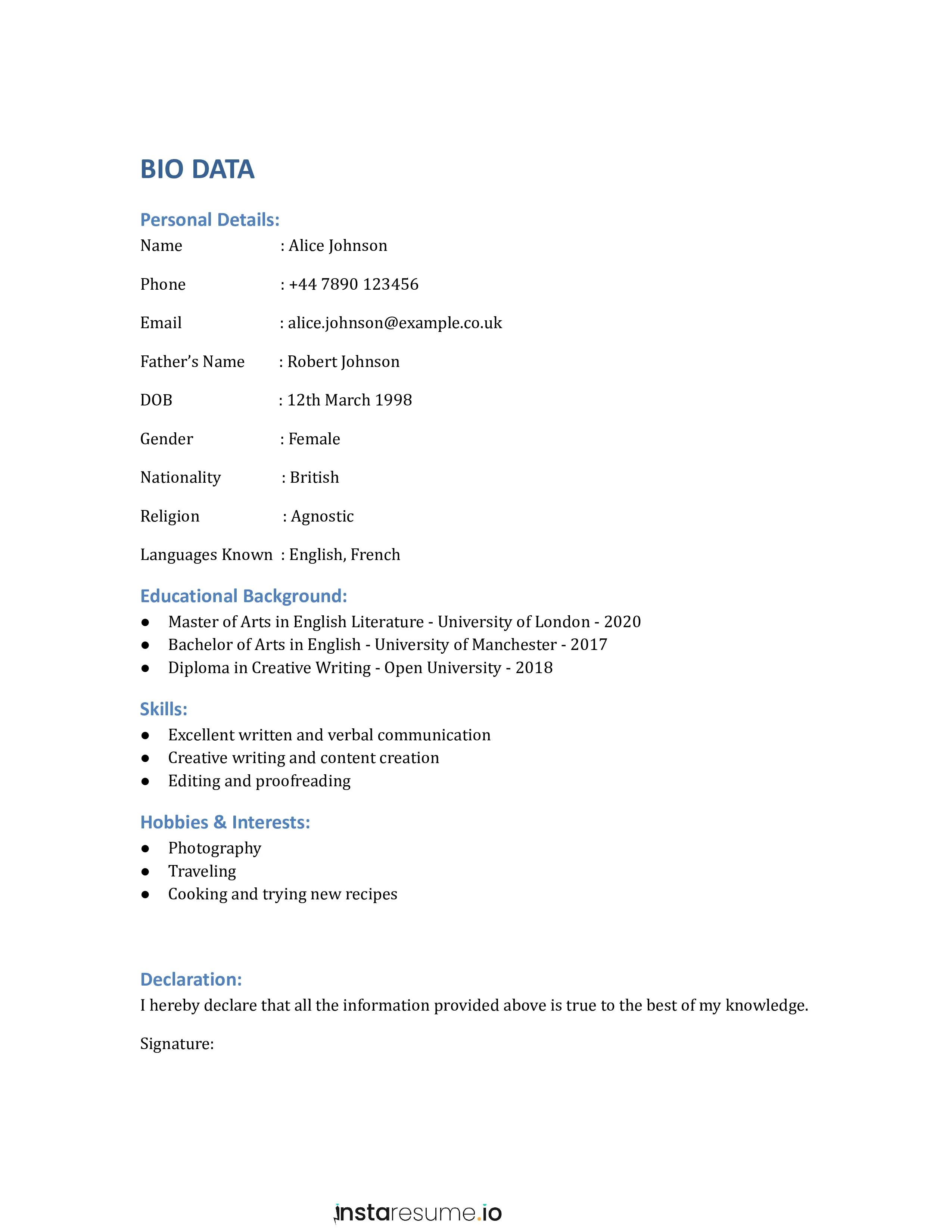 biodata format for students who just passed 12th