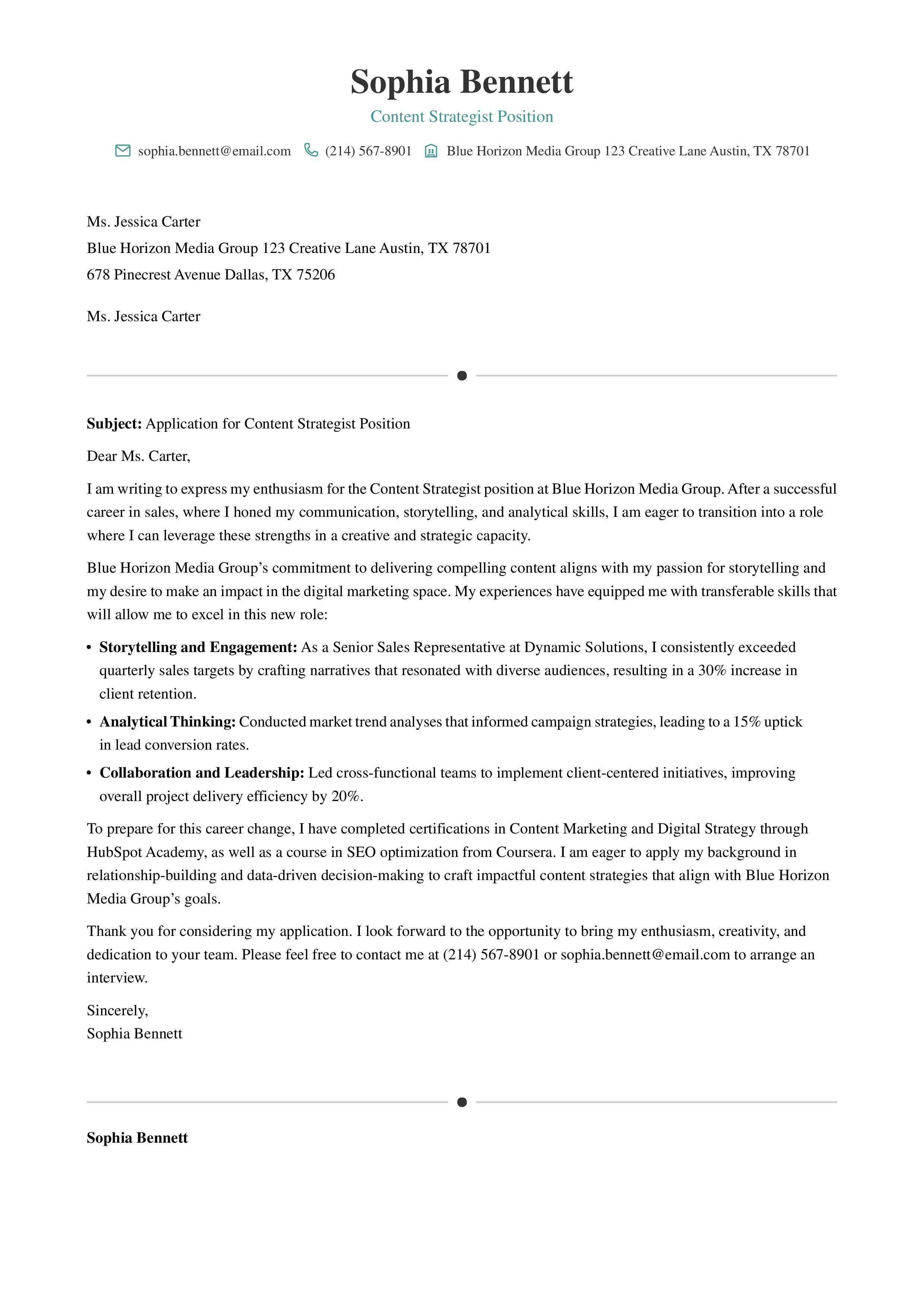 Career Change Cover Letter Example