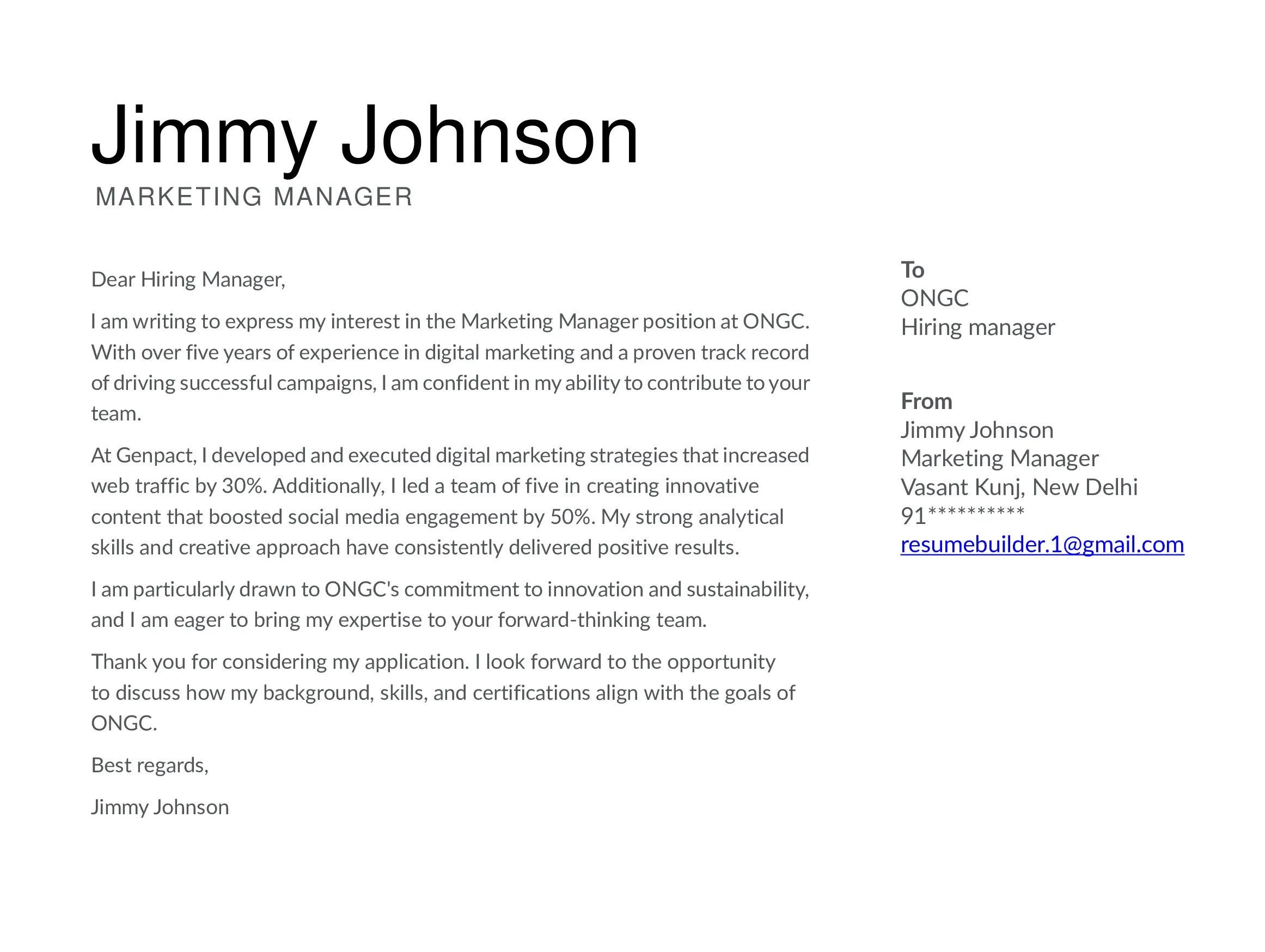 Example for Mid-Level cover letter made from Instaresume.io 