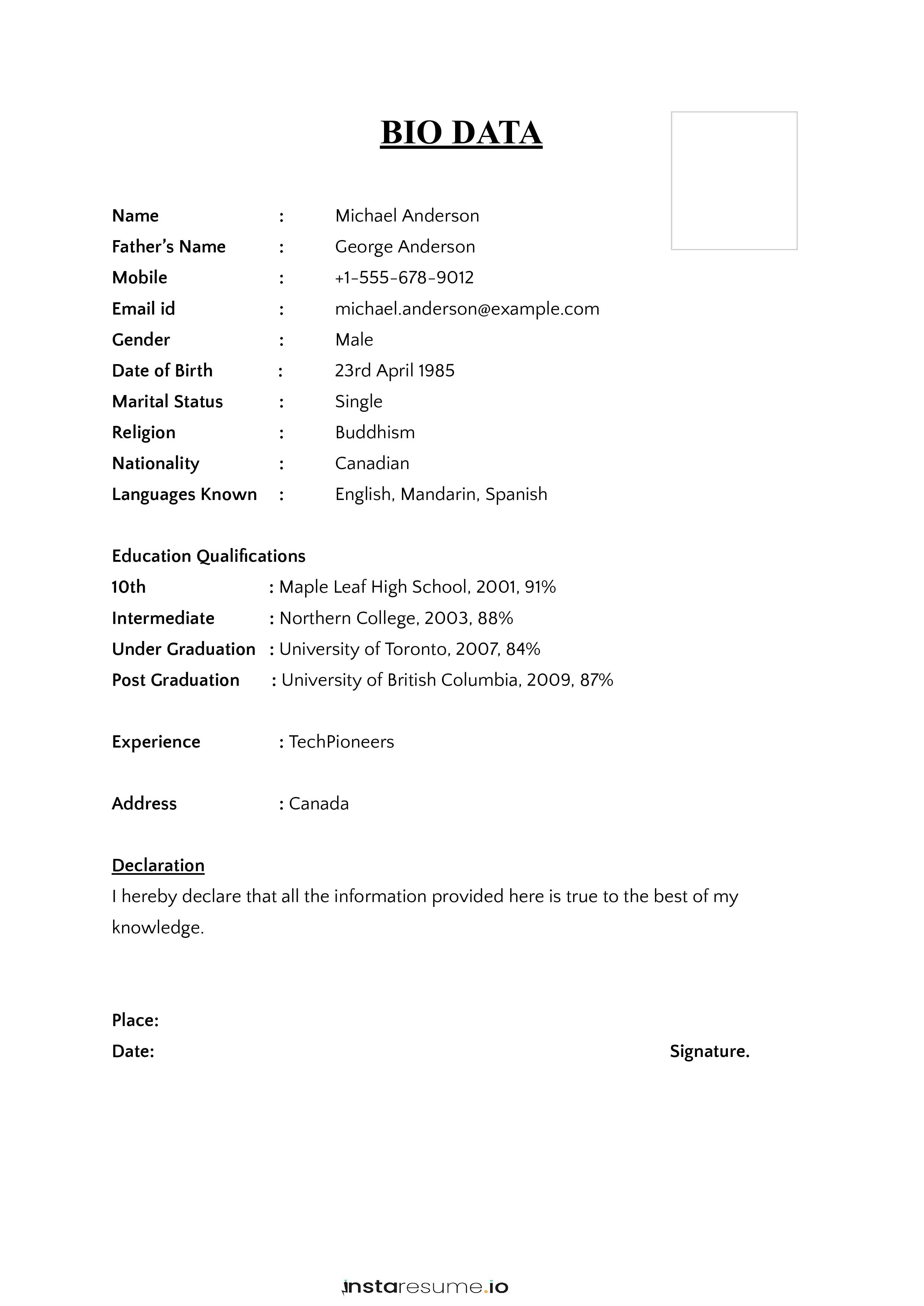 simple biodata format