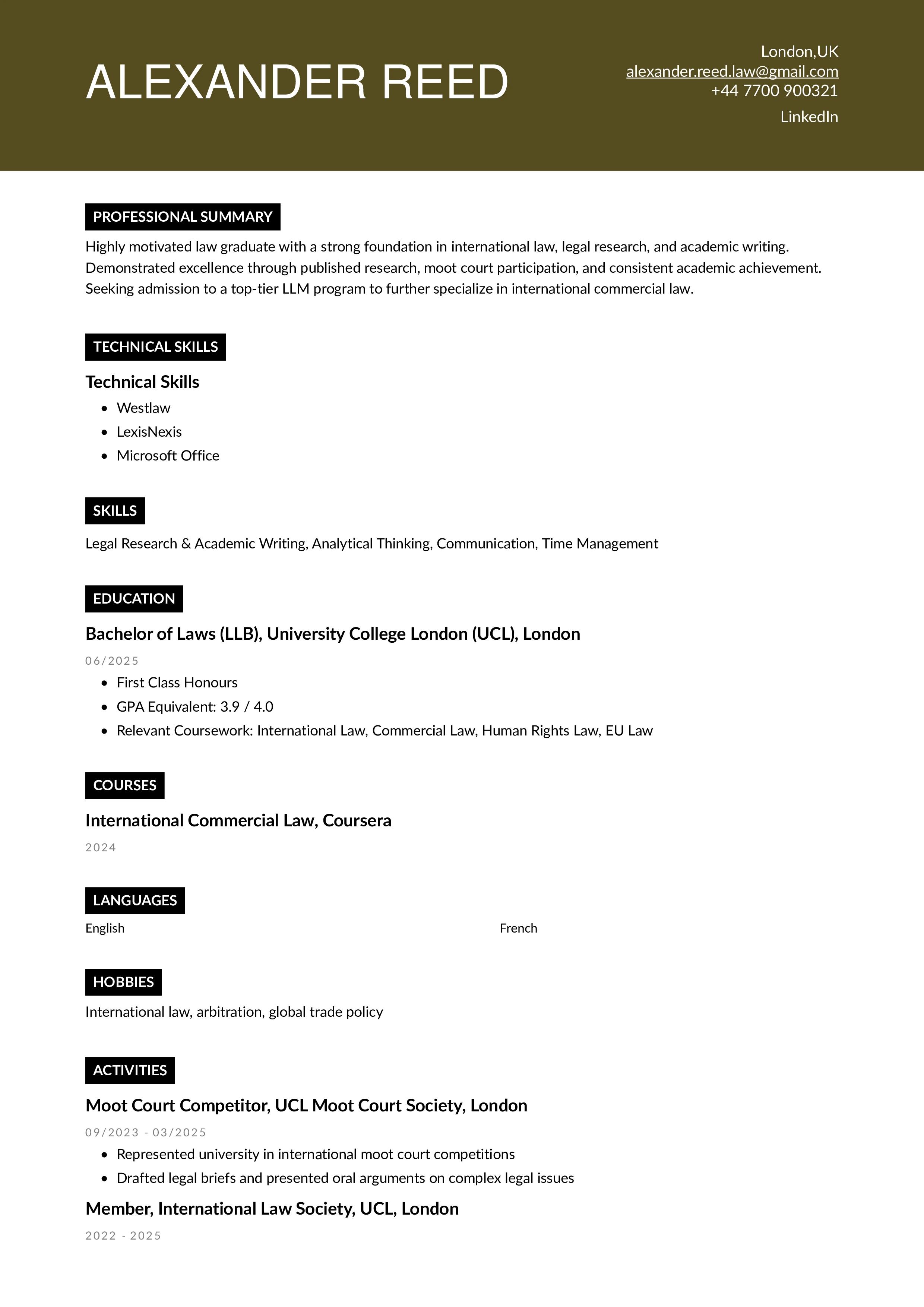 Academic Resume Example for LLM & Law School Admissions