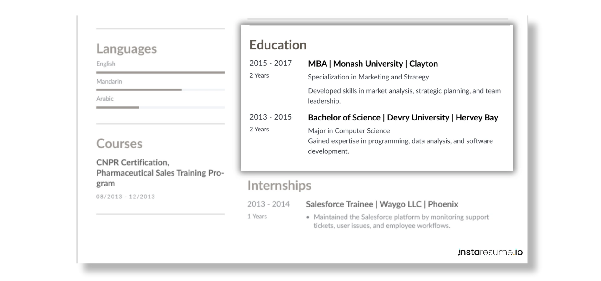 Educational qualifications made from instaresume.io