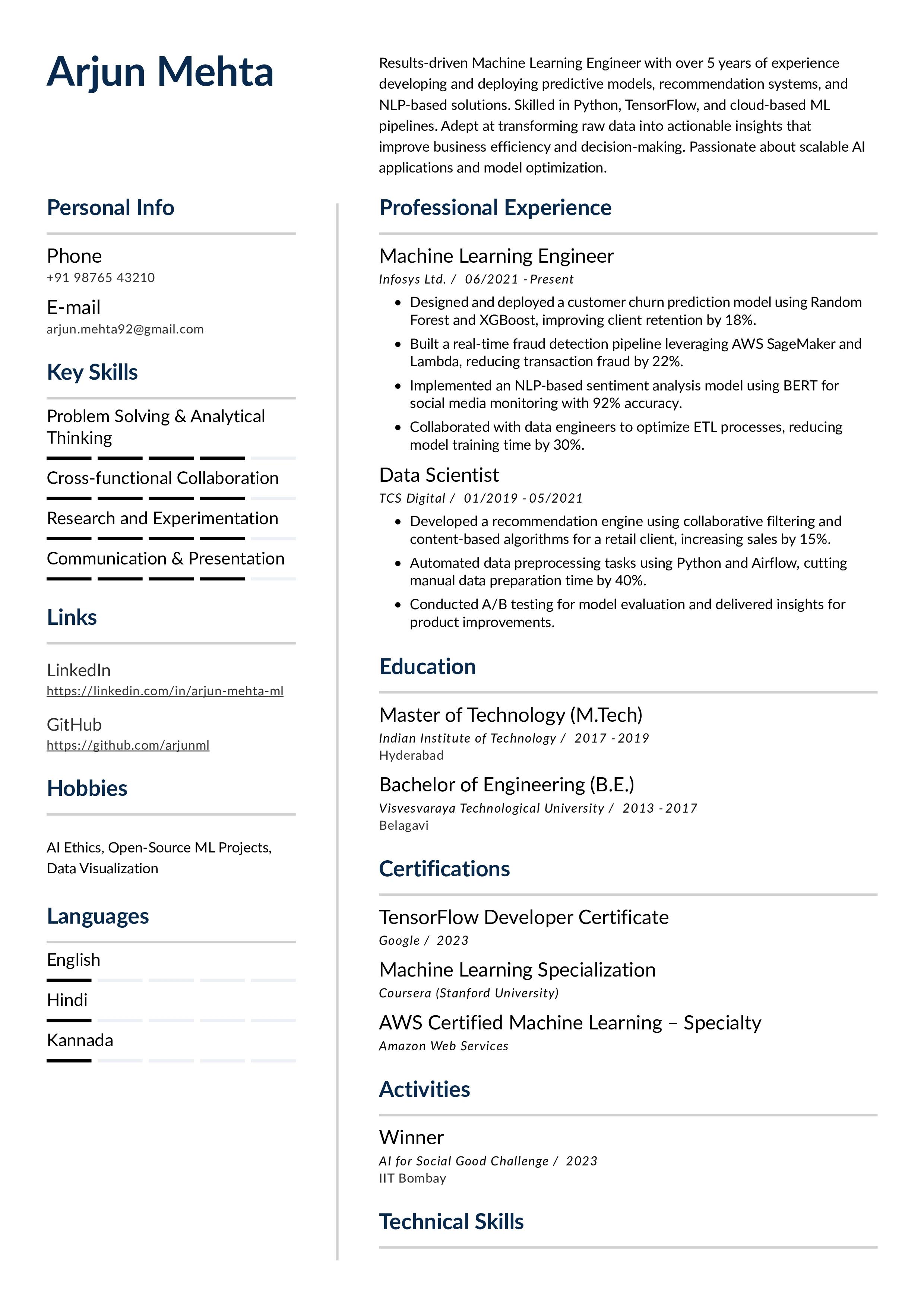 Machine Learning Engineer Resume Example
