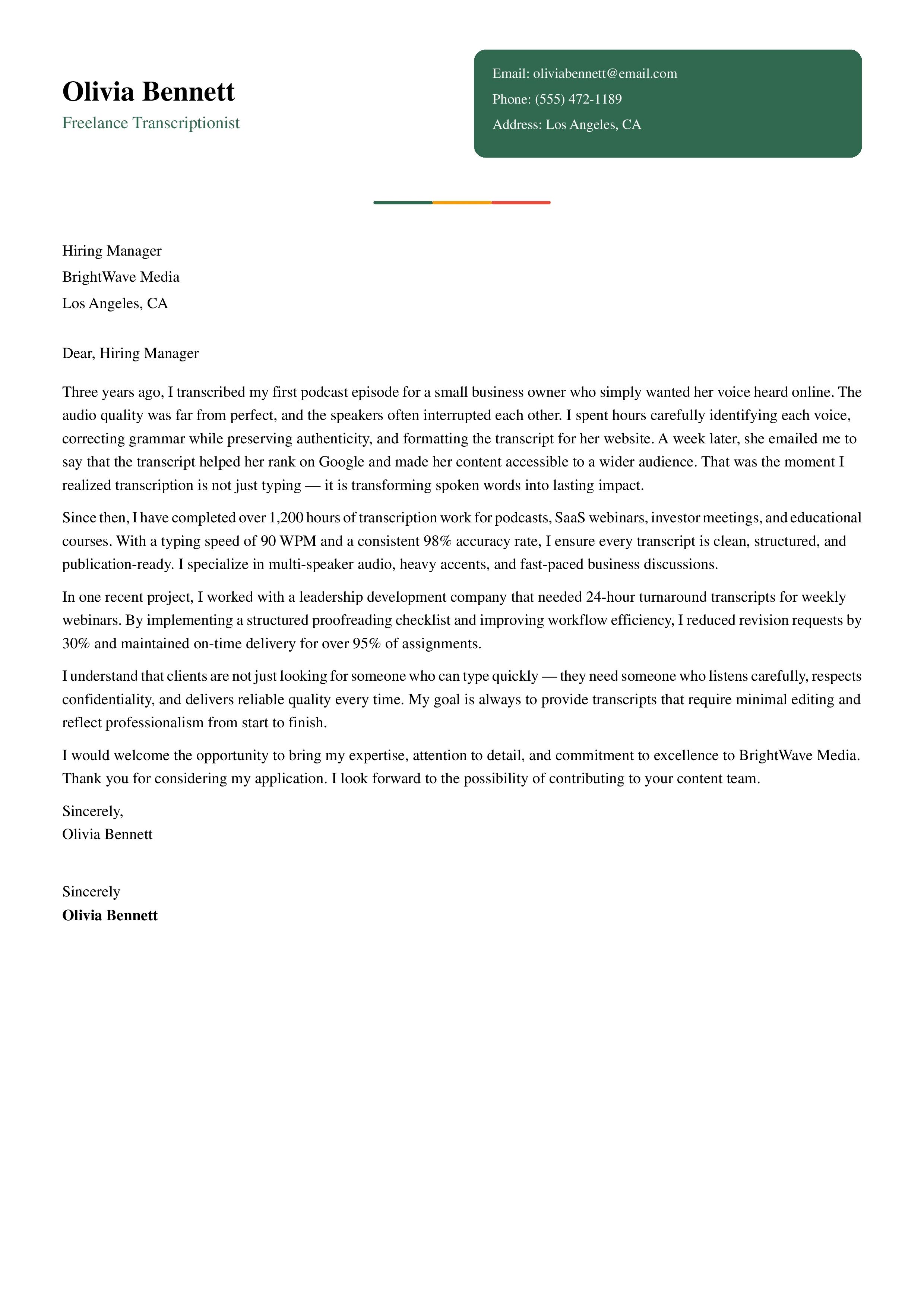 Freelance Transcriptionist cover letter