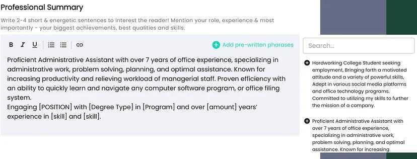 Pre-written phrases from instaresume