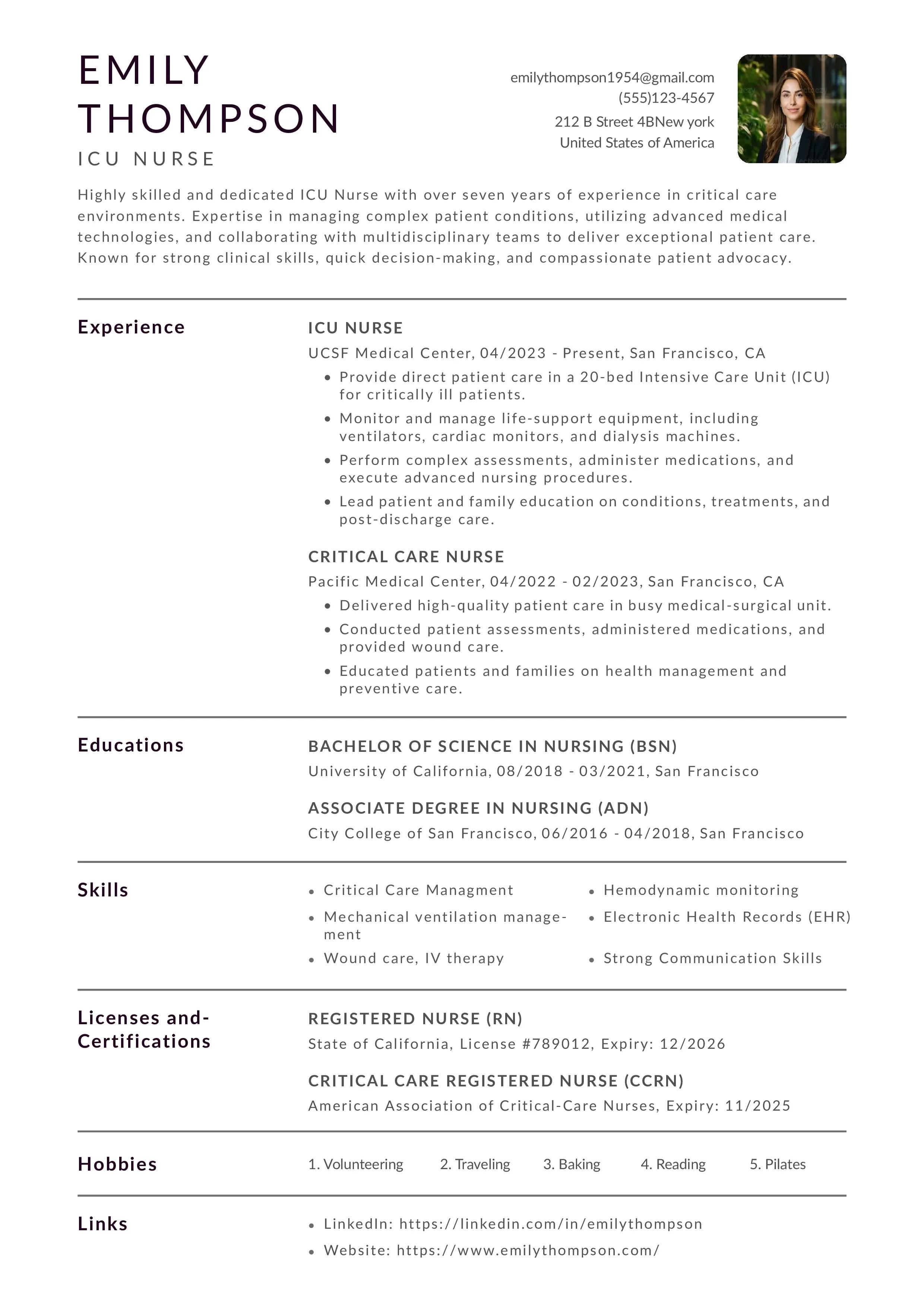 ICU resume example from instaresume.io