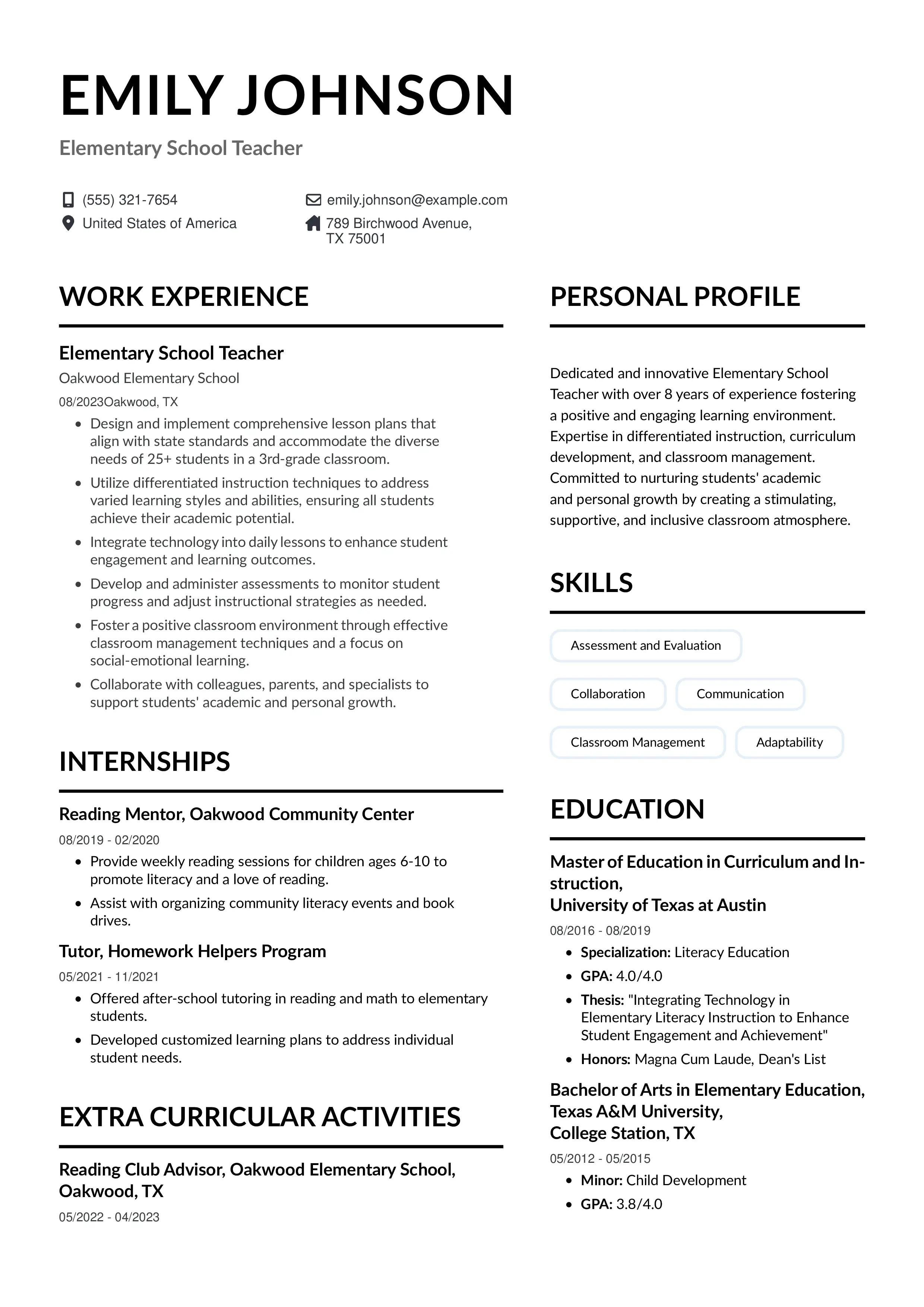 Resume example of Elementary teacher resume using instaresume.io template