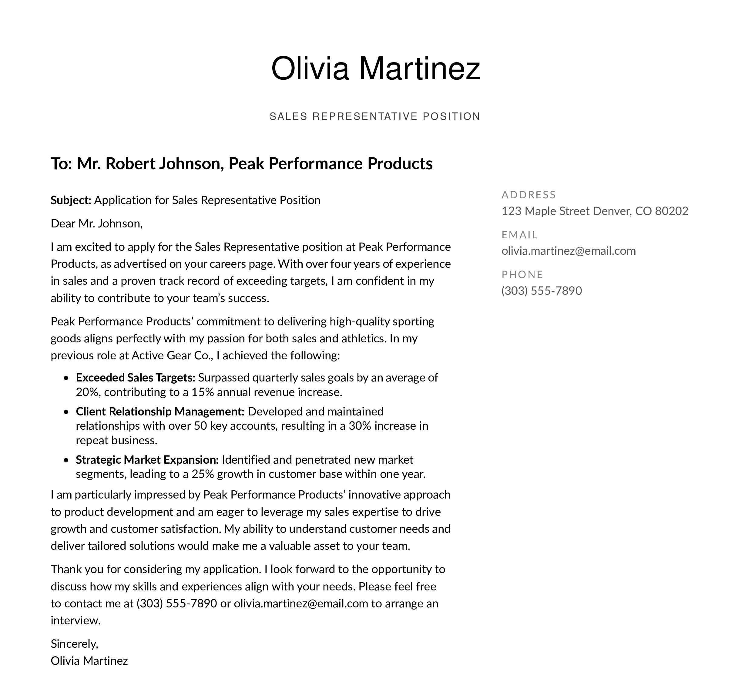 Sales Cover Letter Example