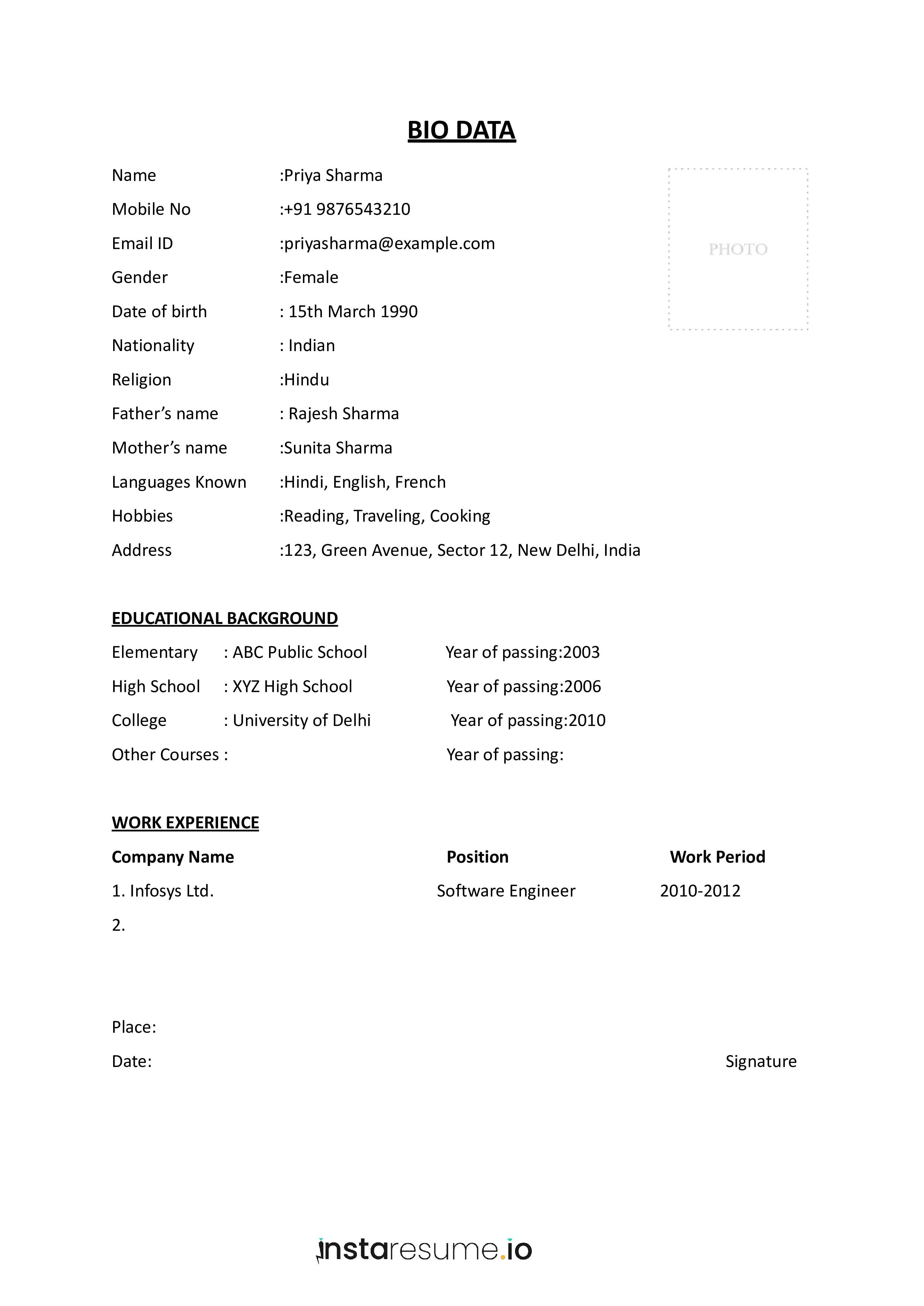 Marriage biodata format