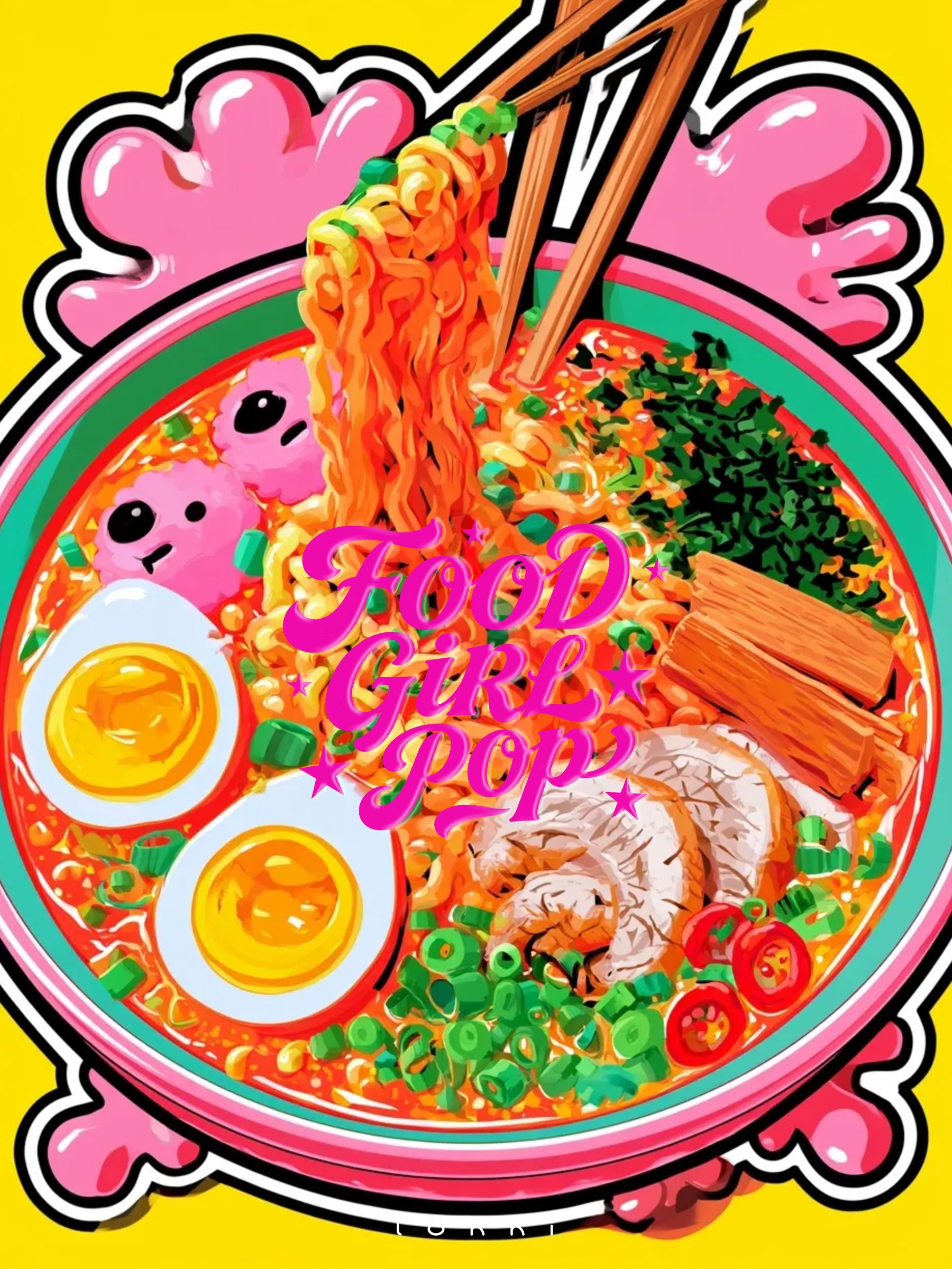 Pop‑art close‑up illustration of rich ramen bowl with chopsticks lifting noodles