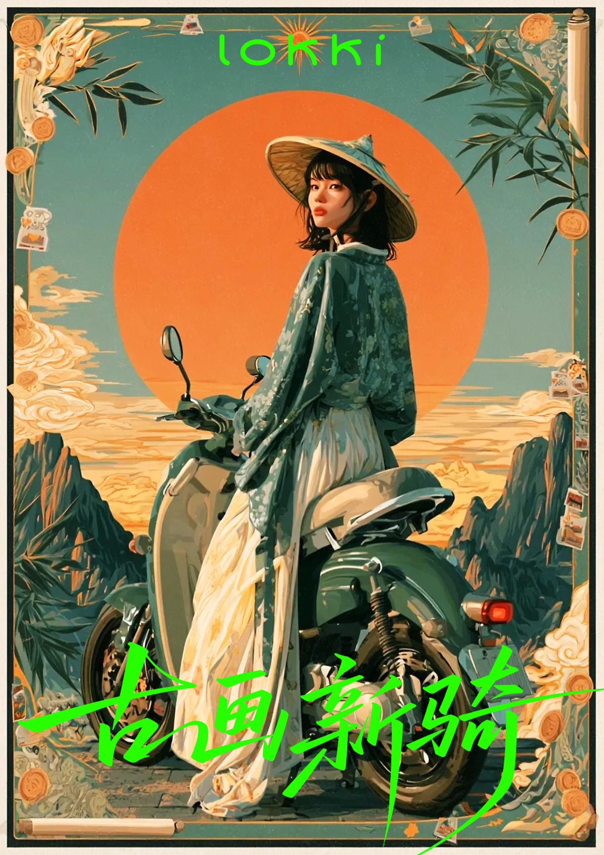 Poster illustration of a rider seen from behind beside a scooter, in front of a huge orange sun and layered mountain silhouettes.
