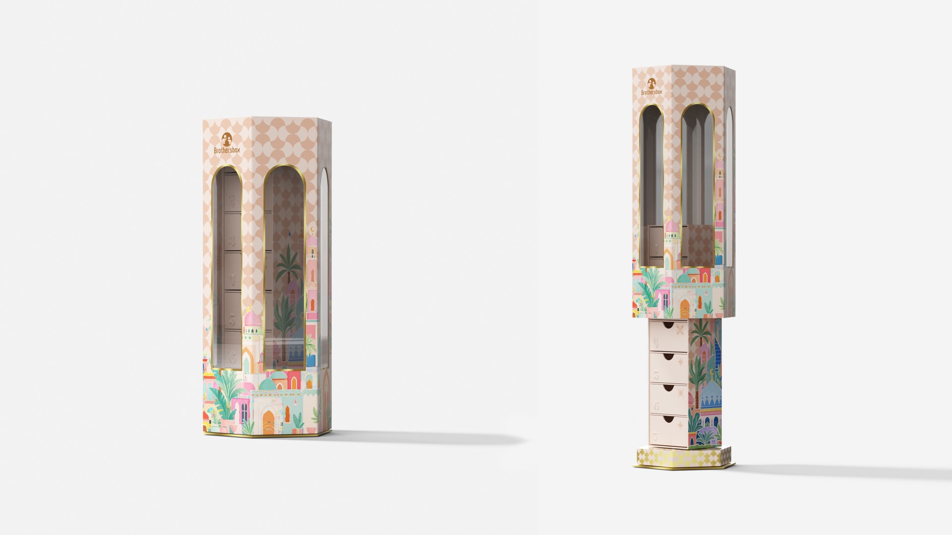 Two views of the illustrated tower package reveal the arched display windows, stacked drawers and removable base