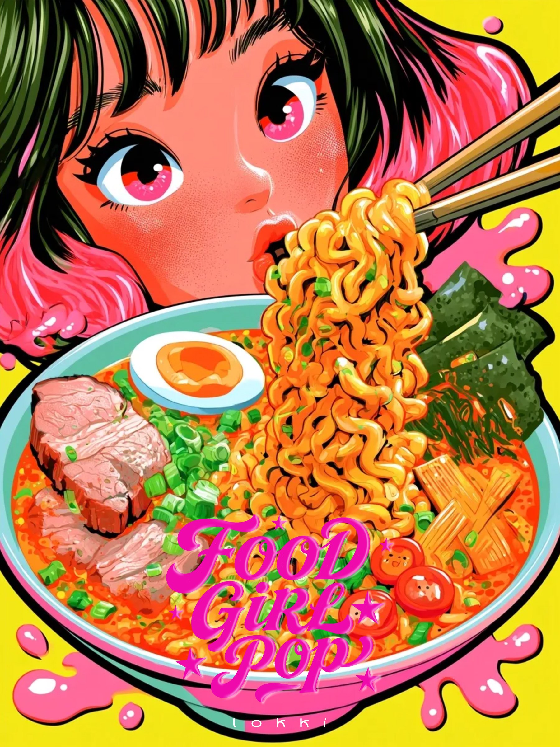 Pop-art illustration of a girl with pink-streaked hair eating a bowl of ramen, drawn with heavy comic outlines and saturated colour.