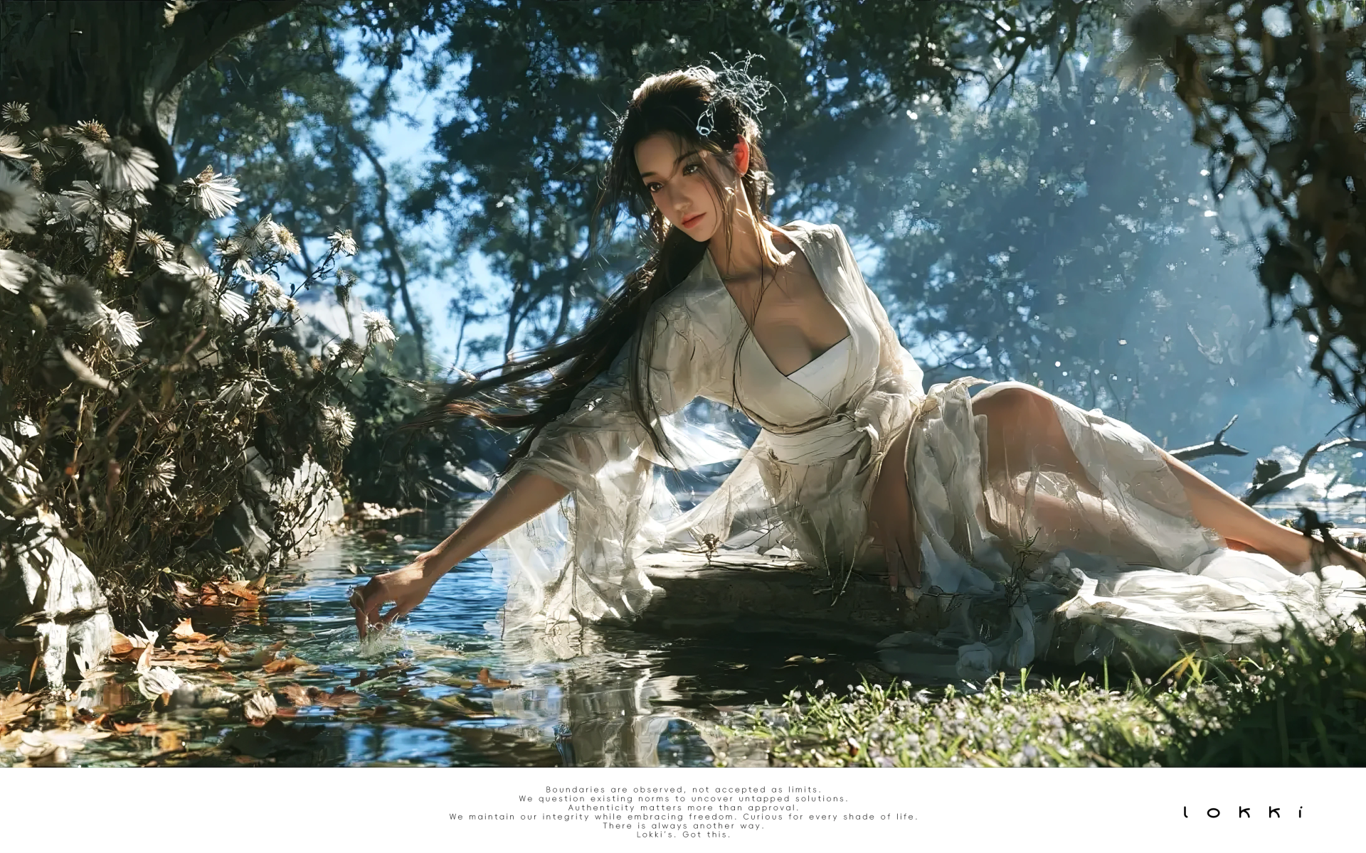 finger touching water reflection, enchanted primeval forest with glowing flora