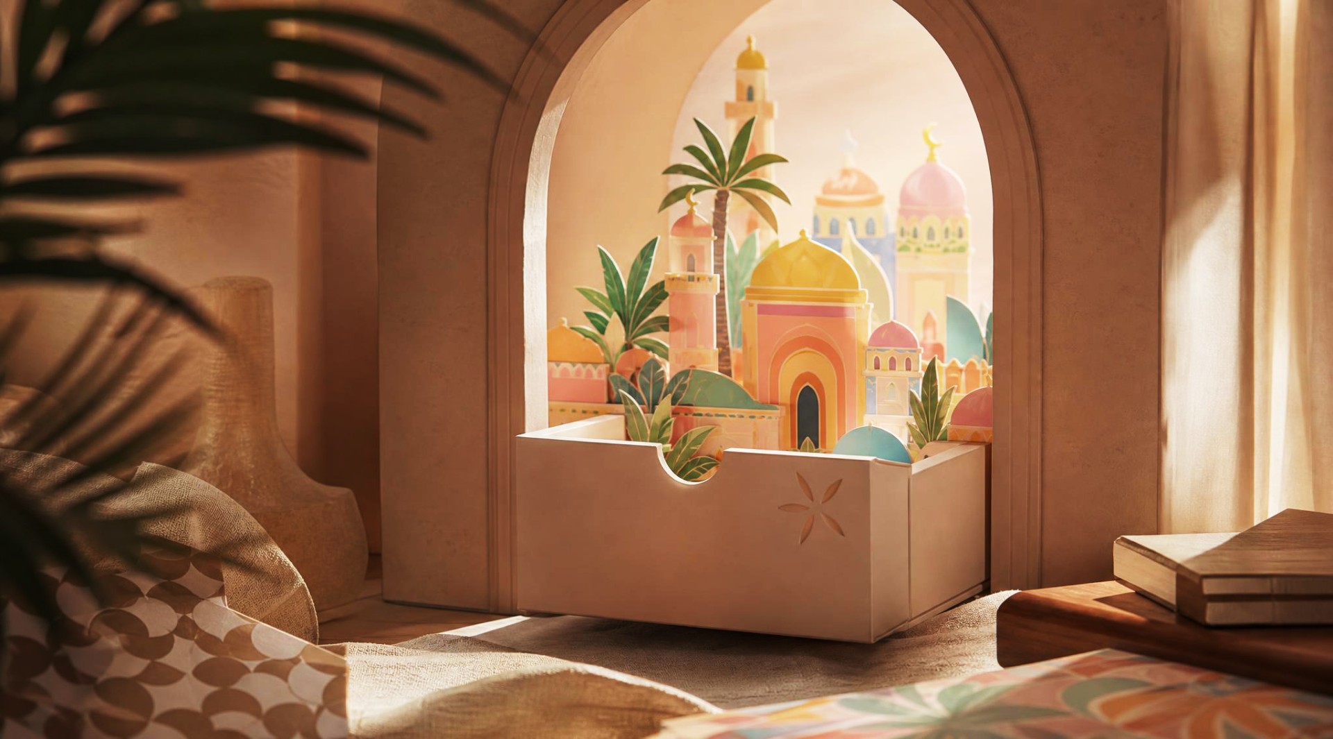 Regional architecture illustration with palm silhouettes and soft pastel geometry