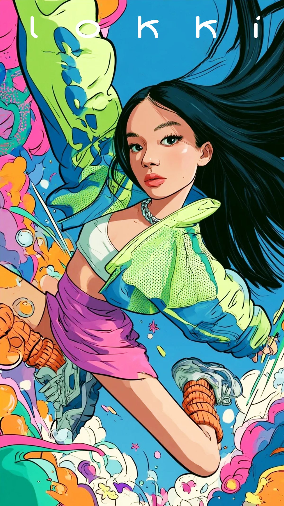 Y2K illustration of a girl in a green and blue jacket and pink skirt, floating mid-air among flowers, bubbles and stars.