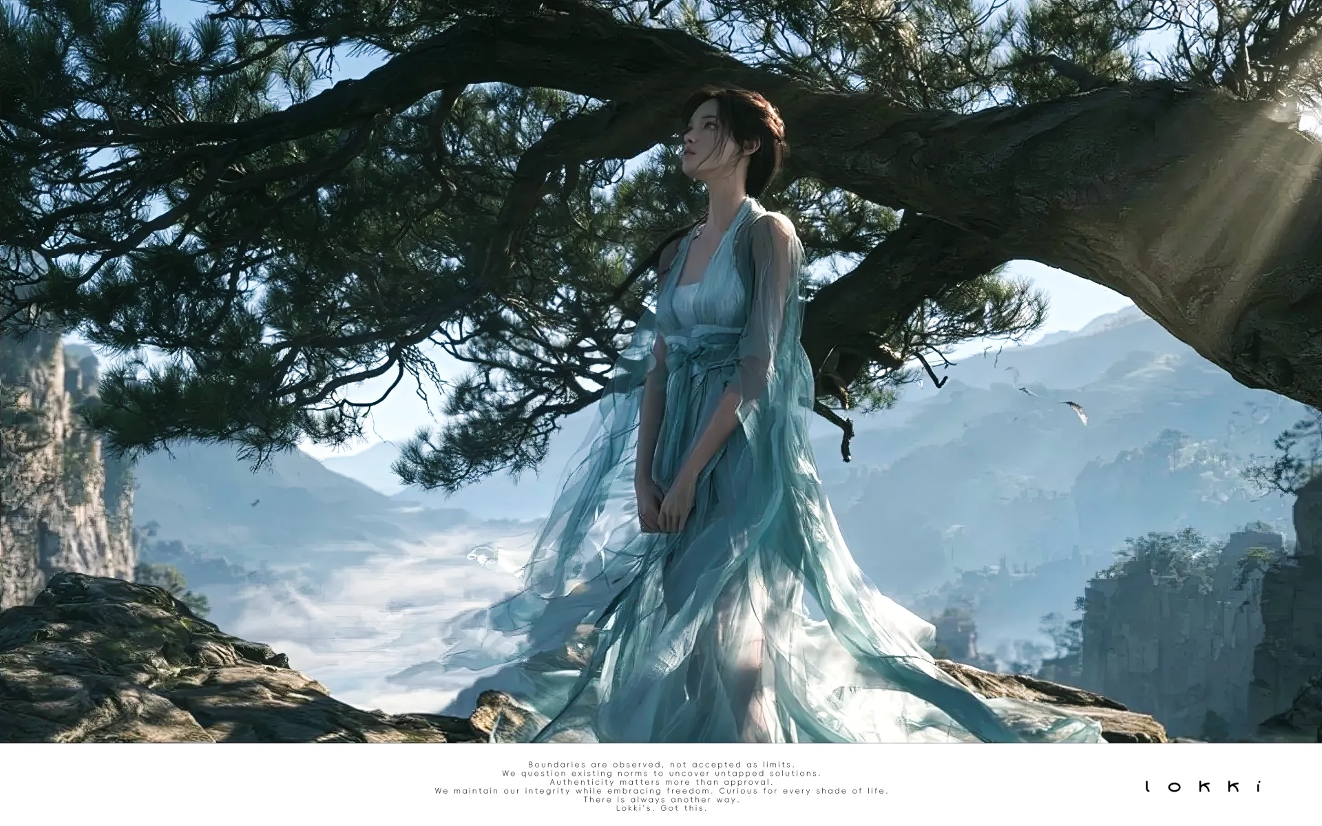Ancient lady standing on pine cliff, light‑blue flowing hanfu, sea‑of‑clouds mountain valley background