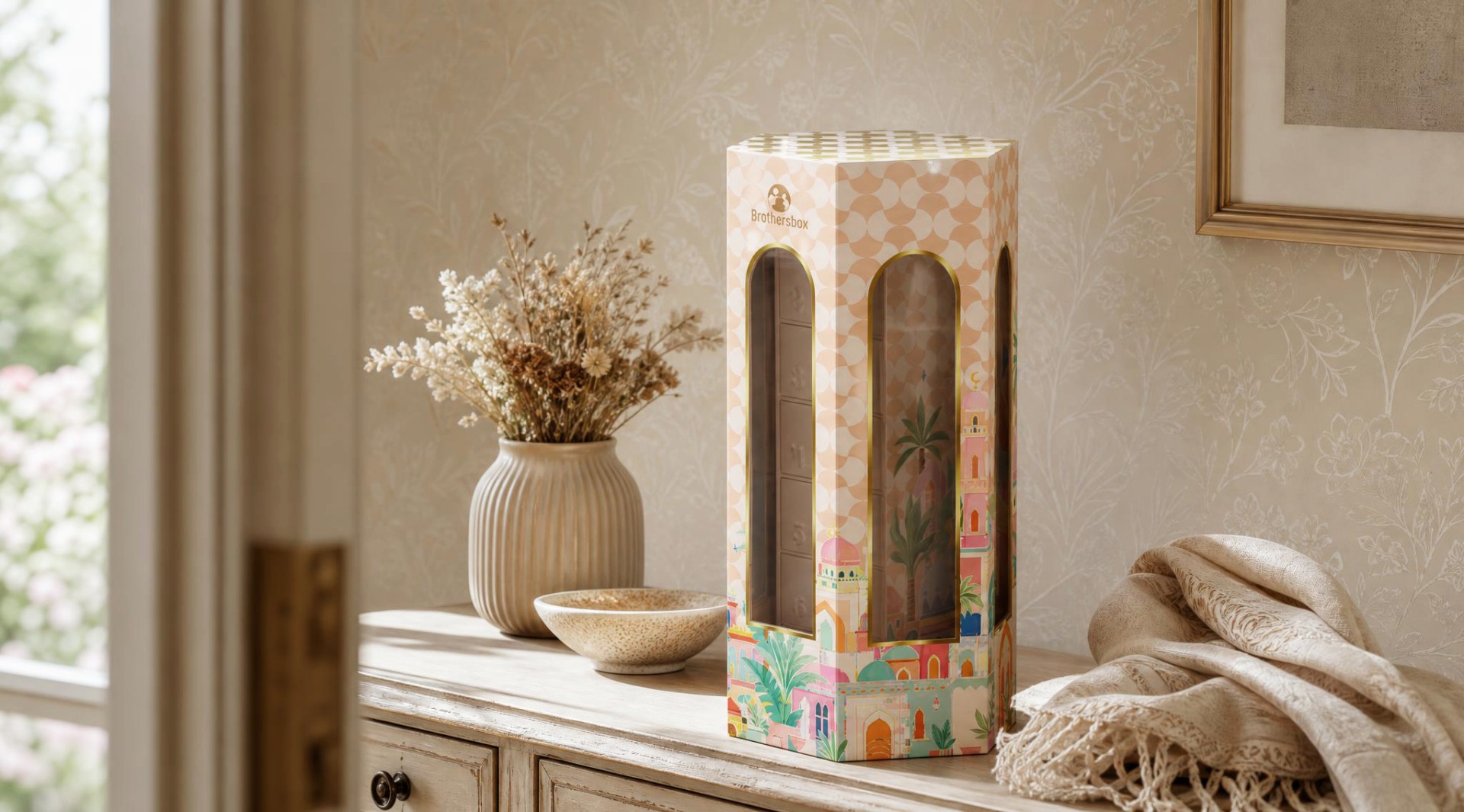 Hexagonal Ramadan countdown gift box with arched transparent cutouts, decorated with colorful Middle Eastern building illustrations, sitting on a vintage light cabinet with dried flowers and woven textile