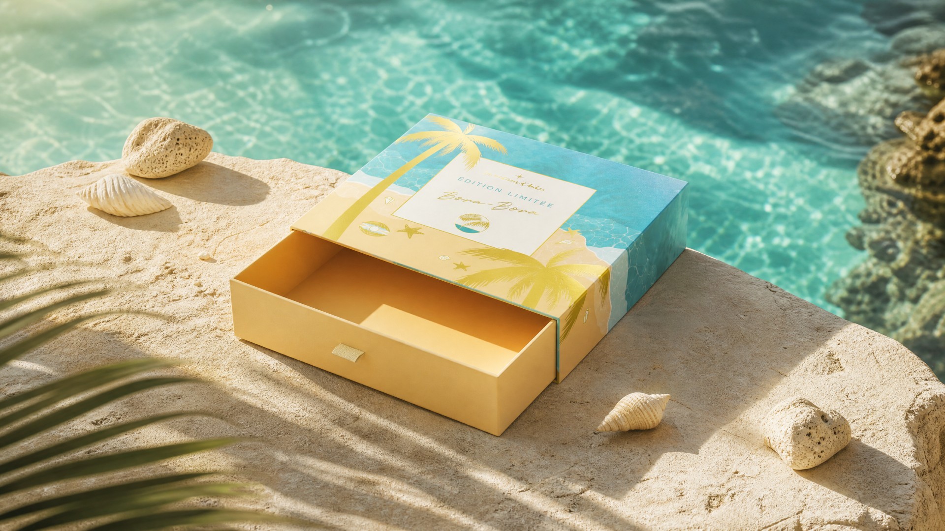 Bora-Bora gift box packaging arranged beside turquoise water, with a palm motif and warm yellow base.