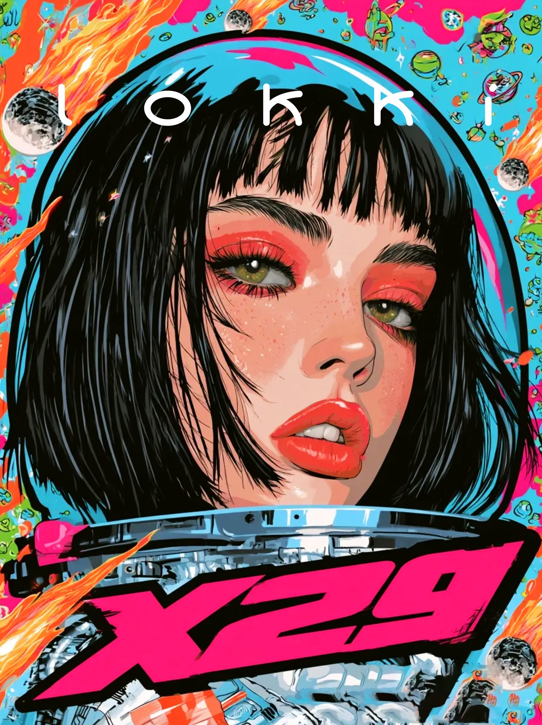 American‑comic‑style female portrait with space astronaut helmet, colorful cosmic planet background, high‑saturation pop illustration