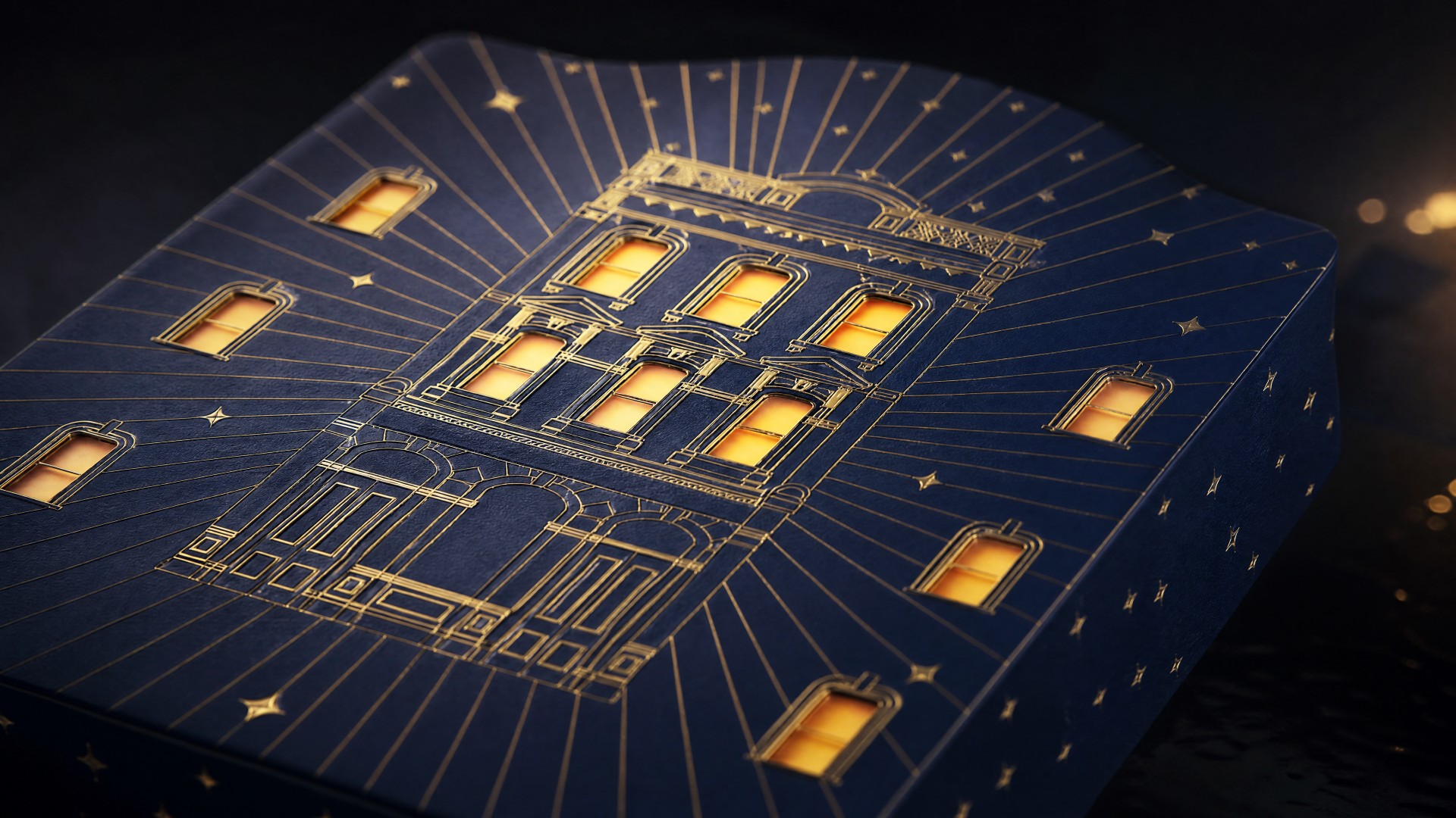 A luminous architectural elevation where gold linework maps the palace facade
