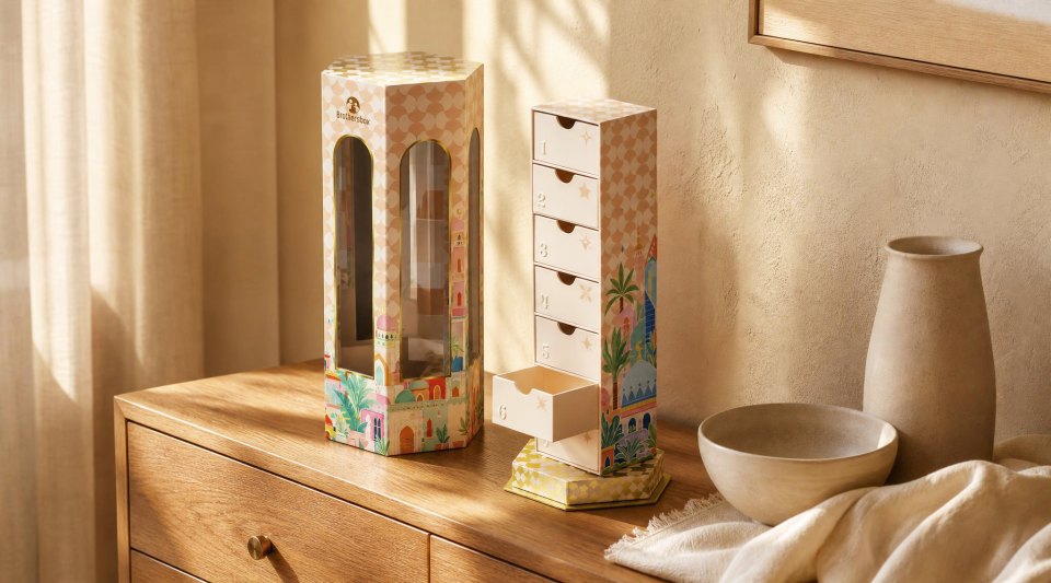Ramadan countdown gift box displayed as a tower with pull-out drawers, arched windows, pastel Middle Eastern city illustrations and Brothersbox branding