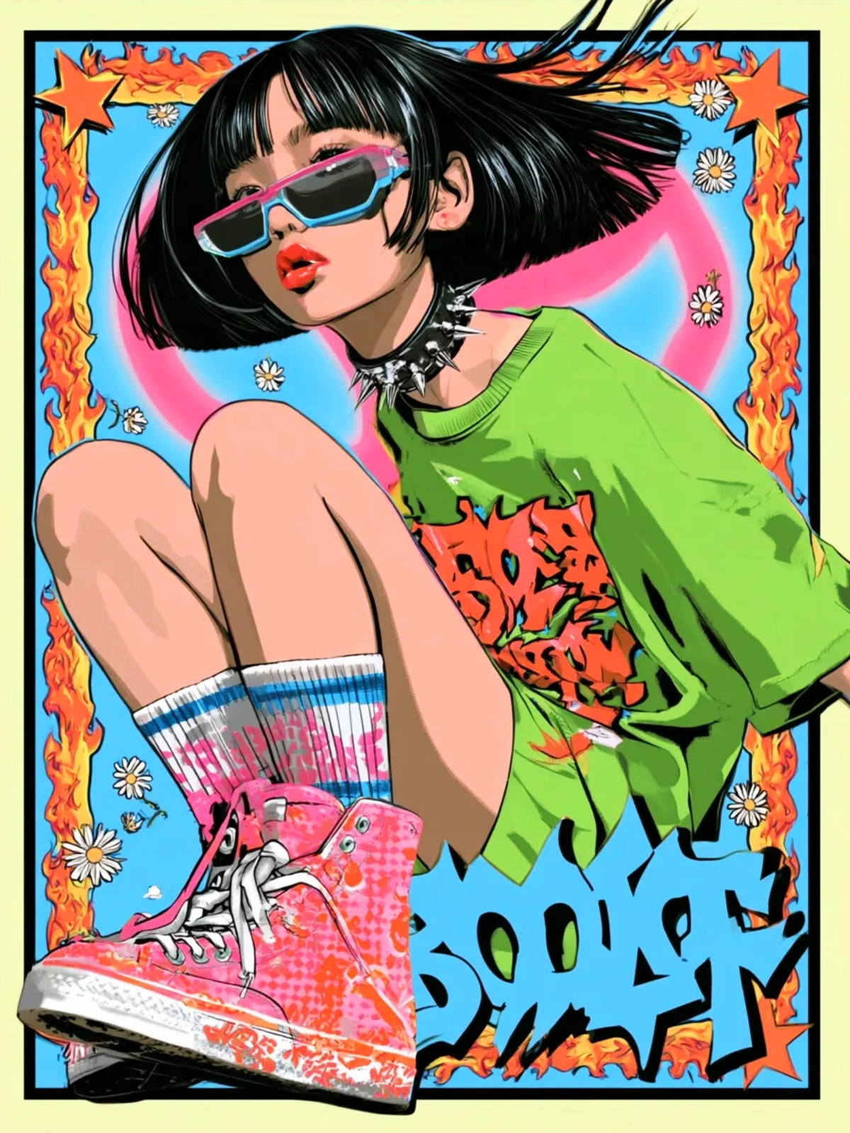 Comic-style illustration of a seated girl in an oversized green tee, pink high-top sneakers and blue sunglasses, inside a flaming comic border.