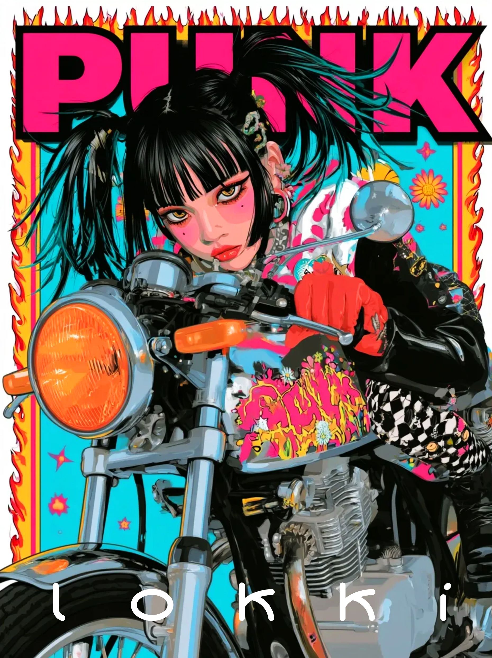 Retro comic cover illustration of a girl with twin ponytails on a motorcycle, against a flaming border and a turquoise background.