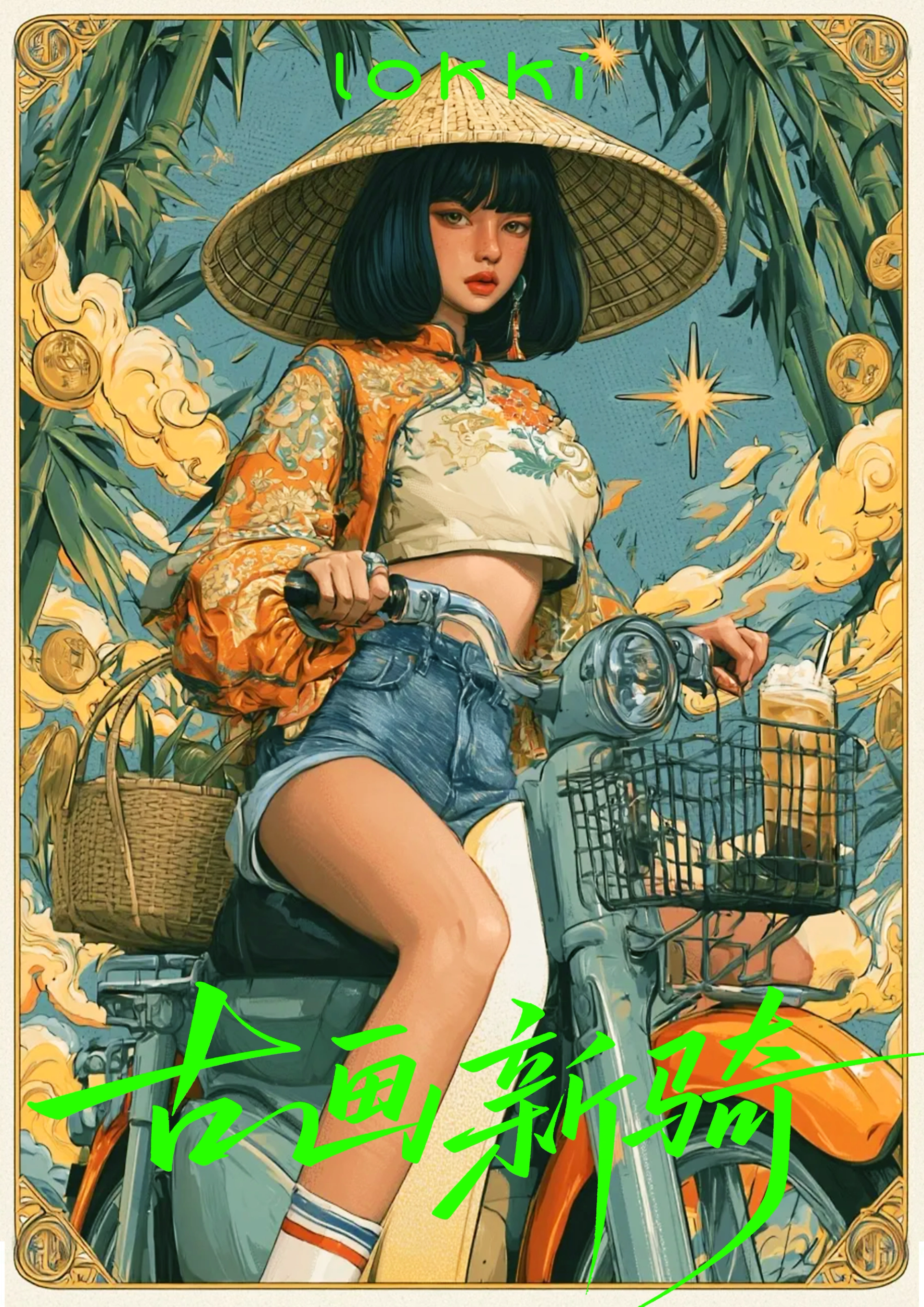 ustration of young asian girl in straw conical hat, floral traditional cropped top and denim shorts, riding vintage light‑blue scooter, bamboo and oriental cloud scroll background