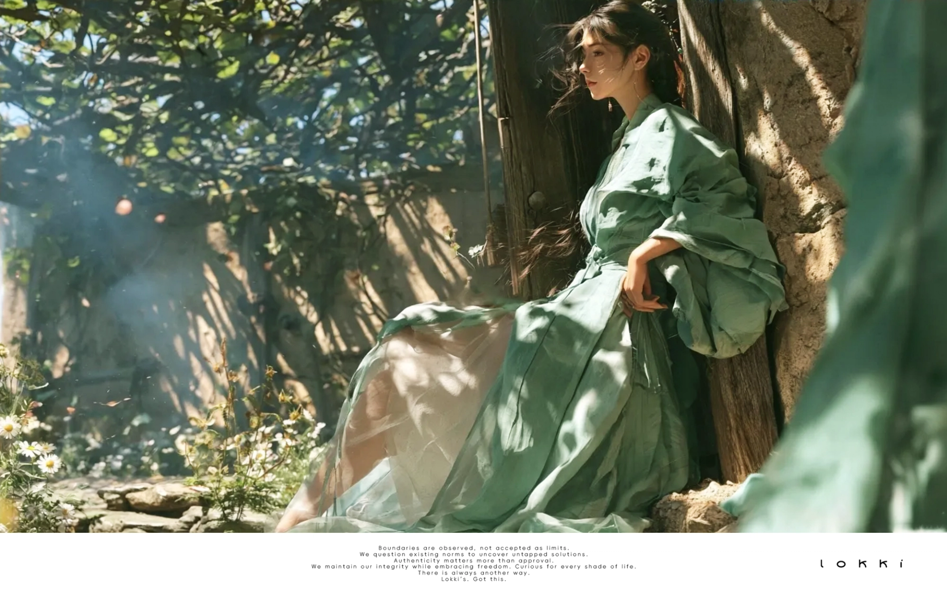 Ancient lady leaning against old wooden door & earthen wall, dark‑green vintage hanfu, sun‑dappled courtyard