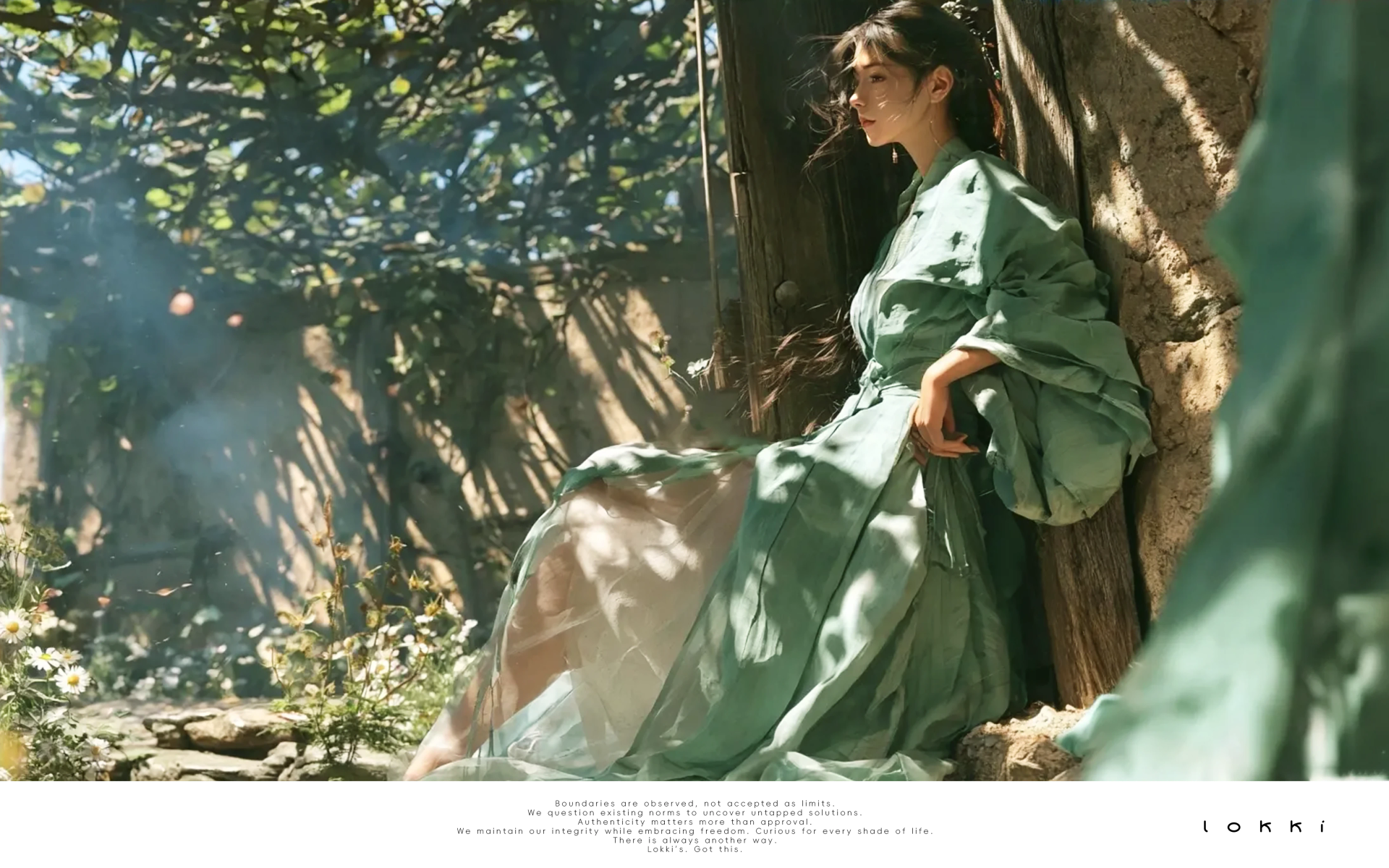 Ancient lady leaning against old wooden door & earthen wall, dark‑green vintage hanfu, sun‑dappled courtyard