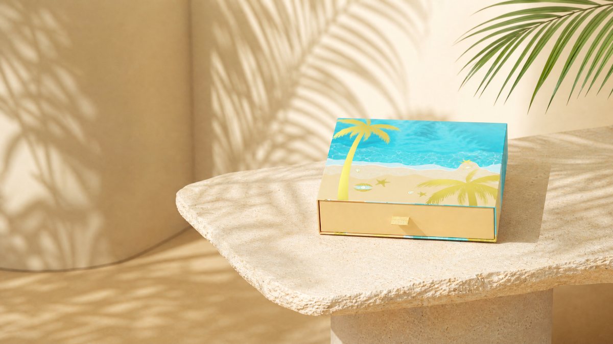 Bora-Bora packaging surface pattern in turquoise water tones and warm yellow.