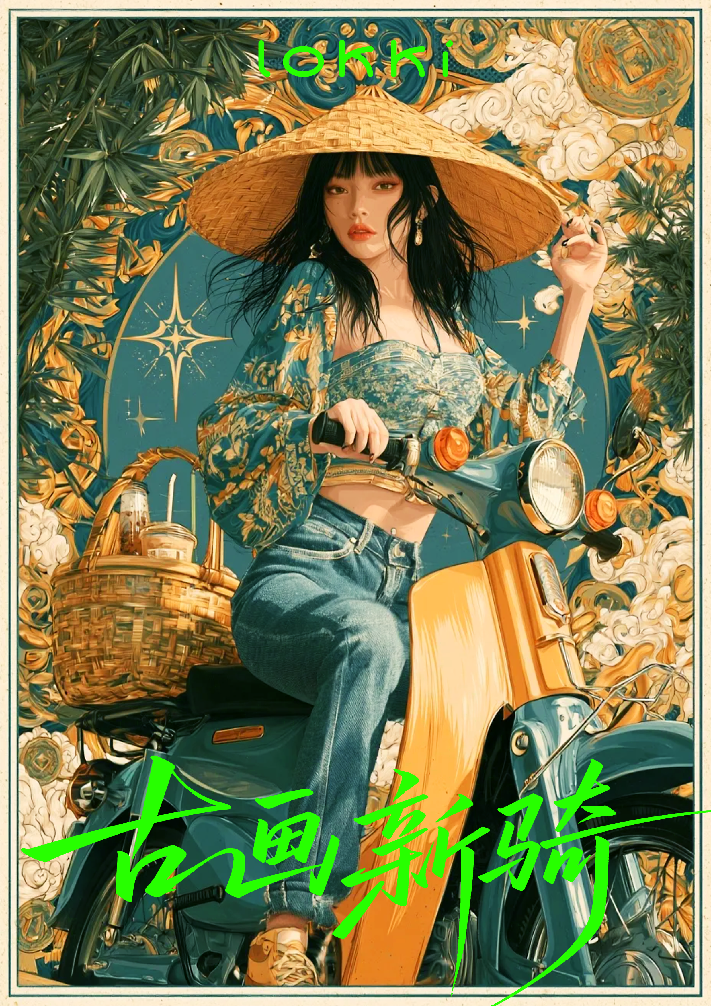 插画，戴斗笠少女，蓝金花卉抹胸套装配牛仔长裤，骑蓝橙配色复古踏板摩托，繁复古画祥云纹样背景